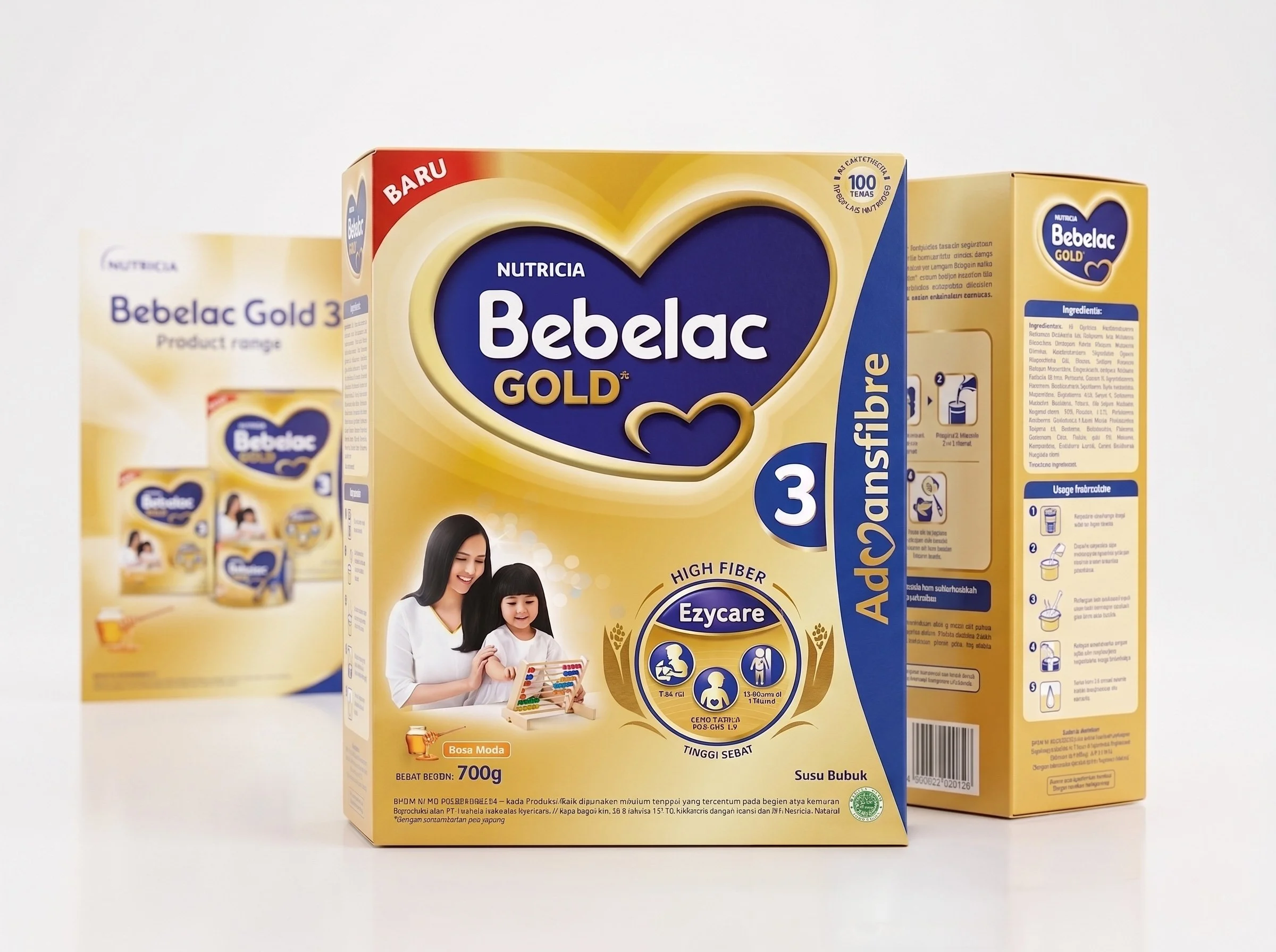 A Bebelac Gold 3 retail box product presentation displayed next to its extended product range line