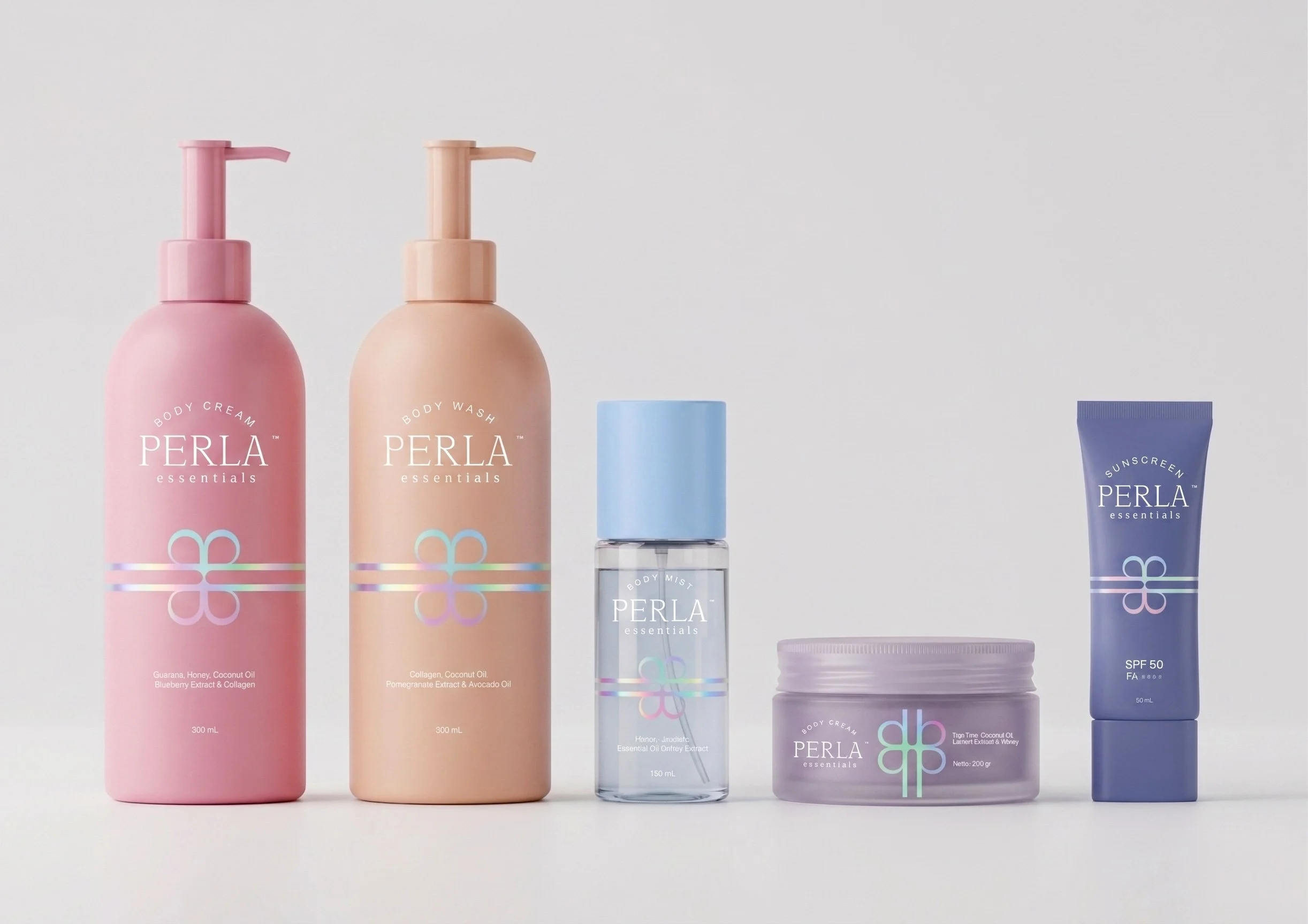 A pastel skincare packaging collections featuring pink and peach lotion pump bottles, a clear toner spray, a purple cream jar, and a treatment tube