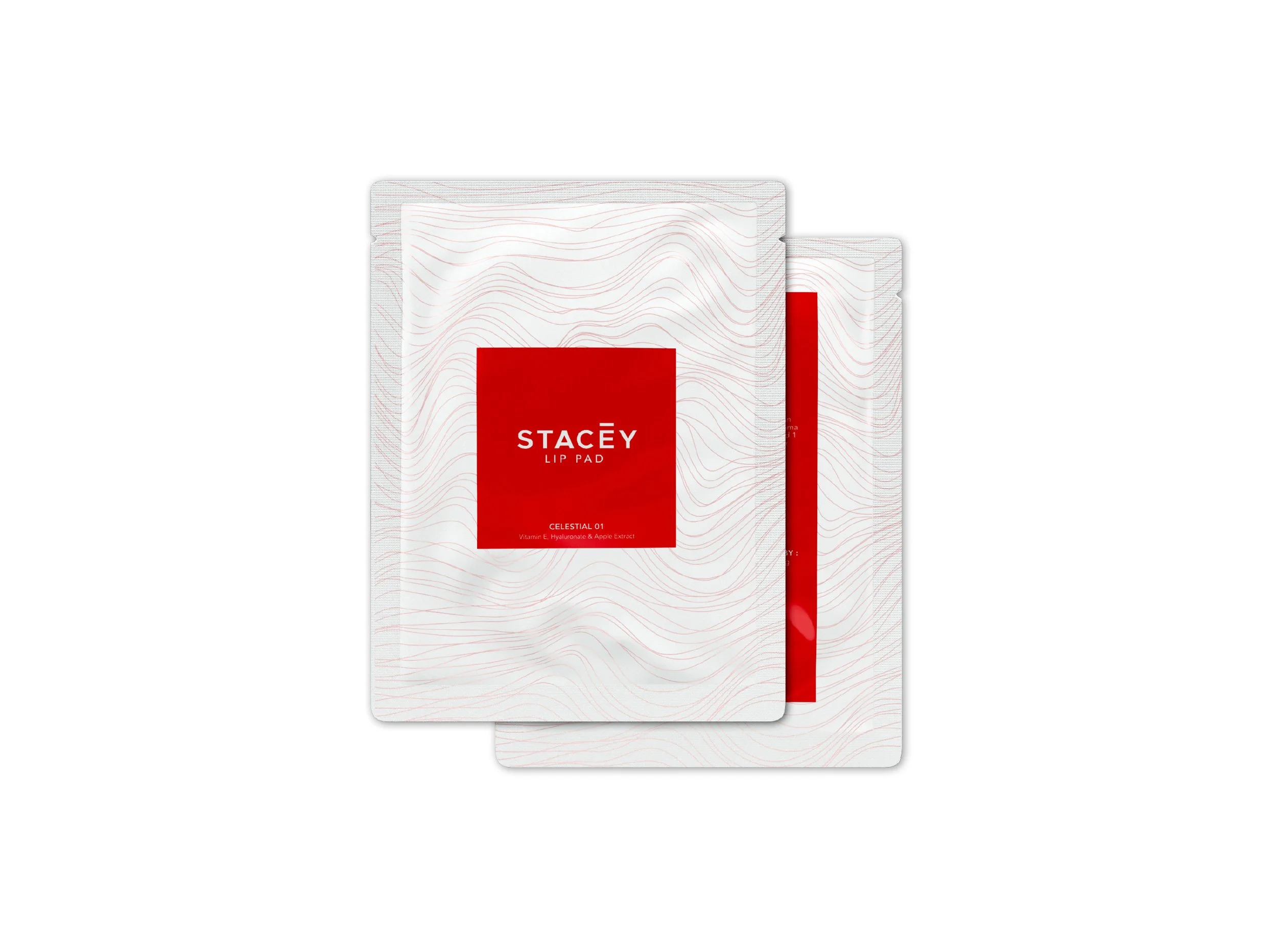 Two silver foil cosmetic sample packaging pouches featuring central red STACEY branded labels