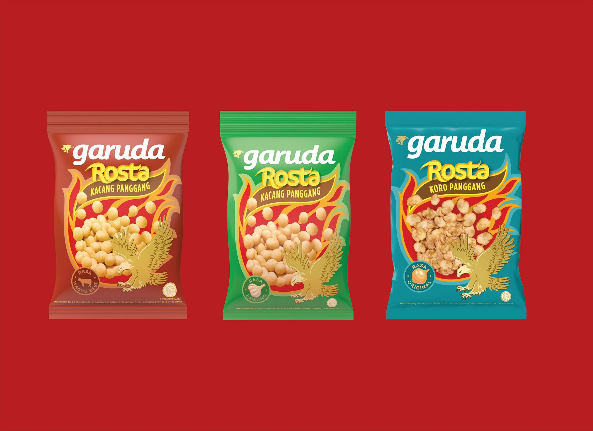 Garuda Kacang Atom Rosta packaging — beef, bawang and original flavour