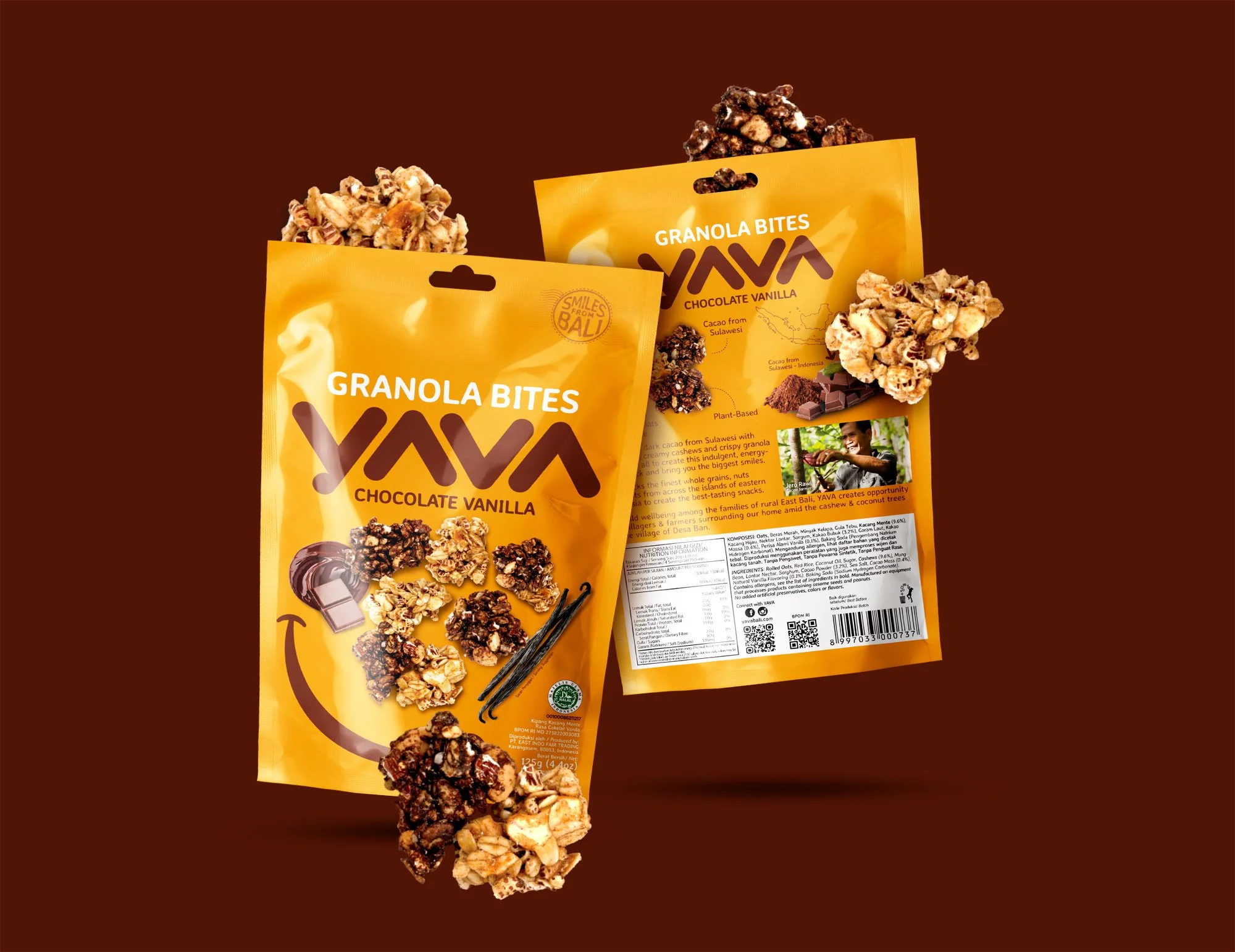 YAVA Granola Bites yellow packaging pouches depicted with floating healthy ingredient pieces