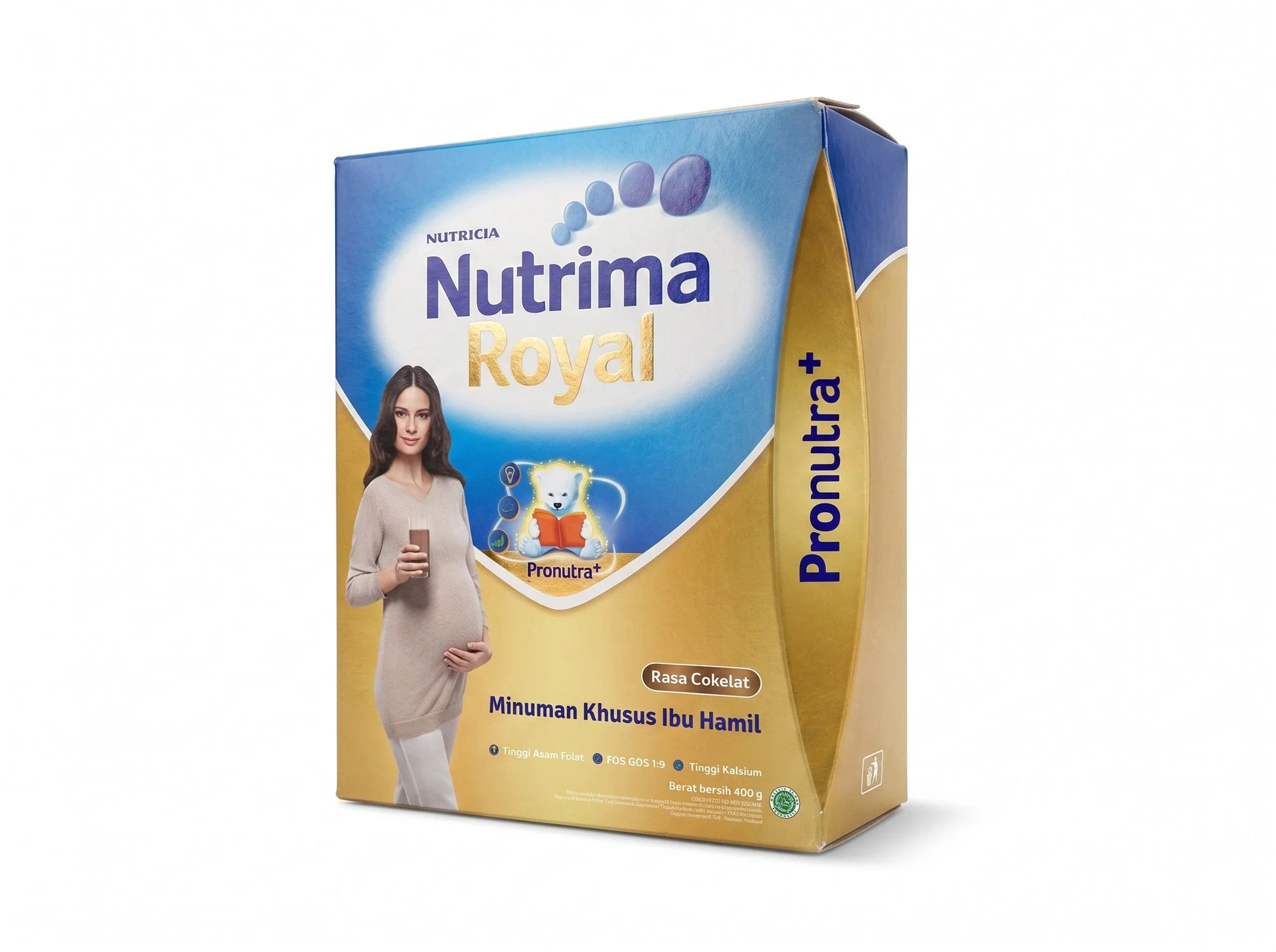 A blue and gold Nutrima Royal Pronutra maternal milk powder box package design featuring an illustration of a pregnant woman