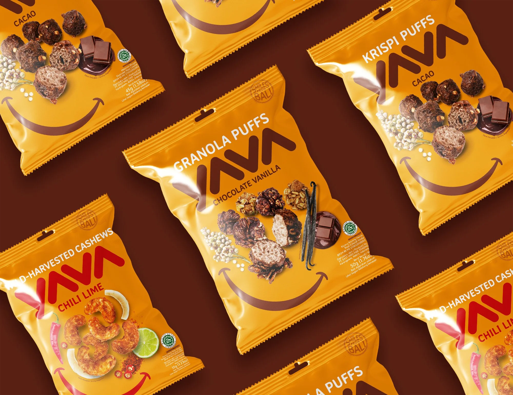 An diagonal array layout of yellow YAVA Granola Puffs snack pouches
