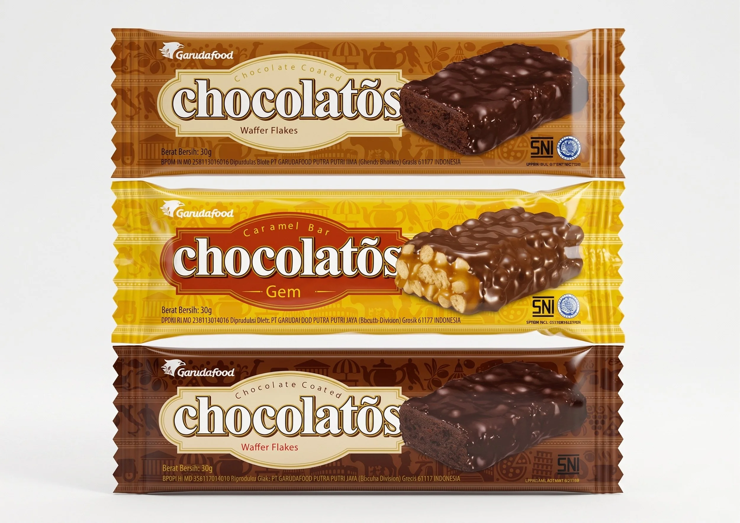 Chocolatos chocolate wafer stick packaging — three flavor variants