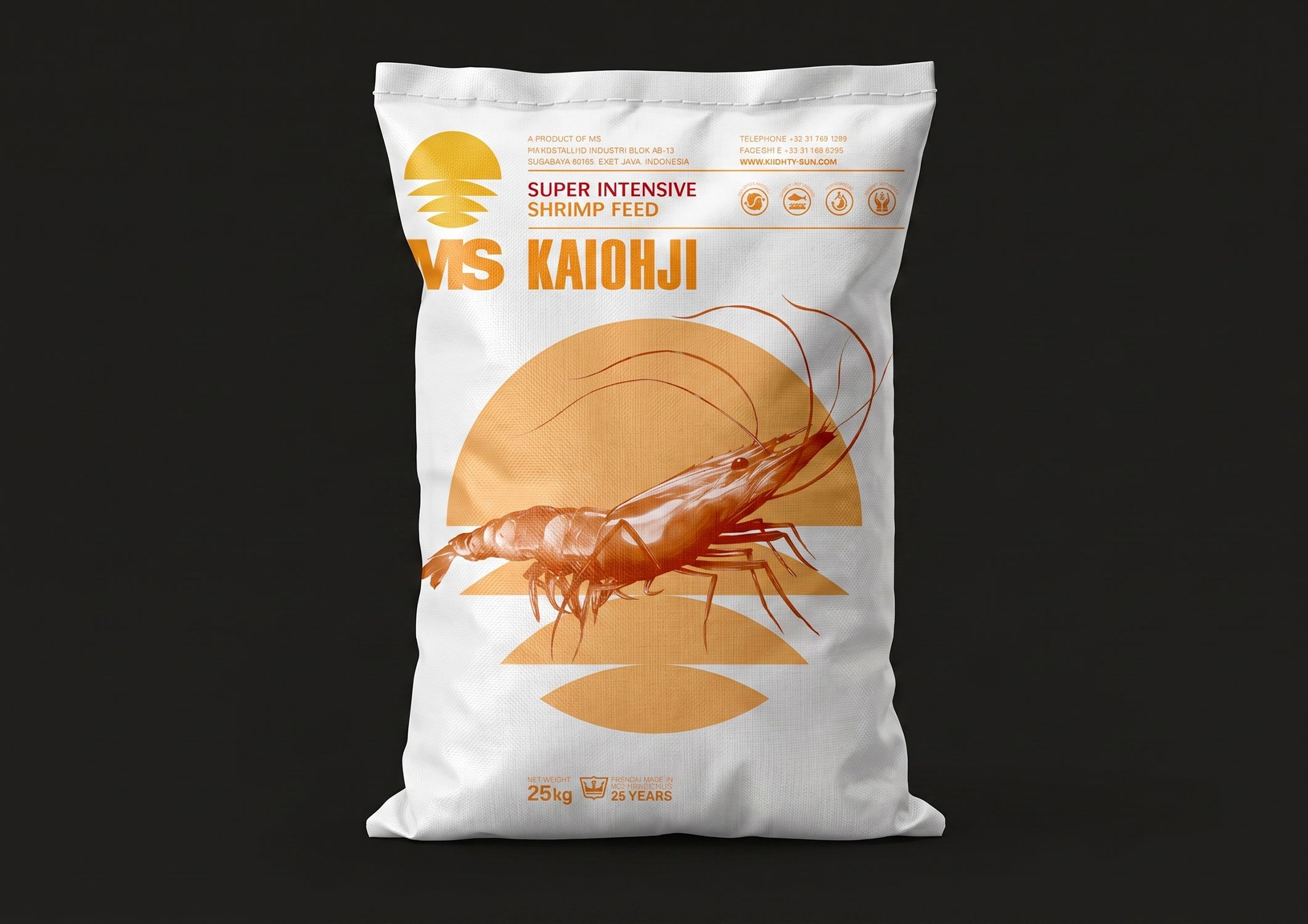 An MS Katoni aquaculture feed sack packaging featuring an orange shrimp illustration 