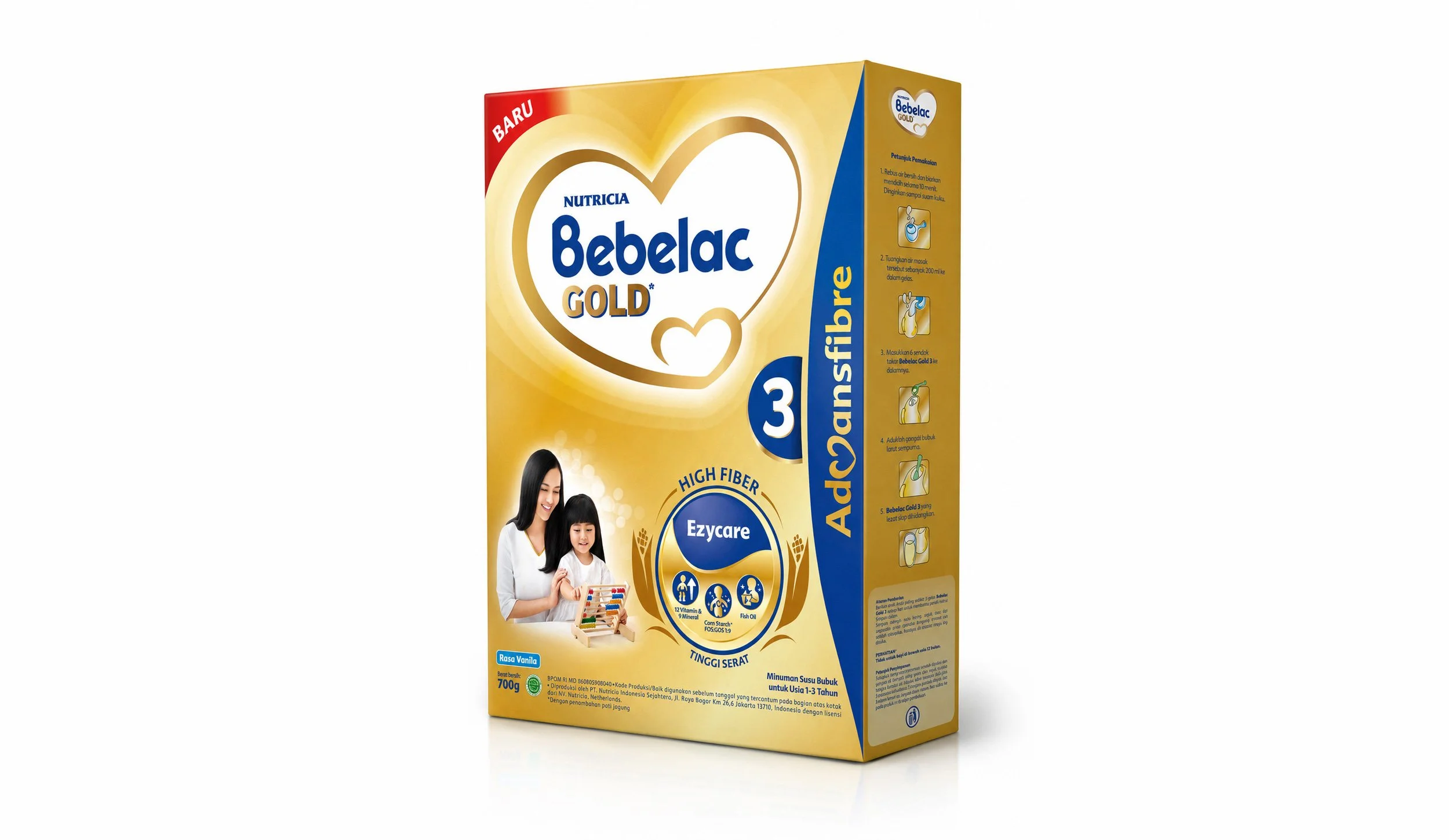 A gold Bebelac Gold 3 toddler milk powder box package design showing a mother and child graphic layout