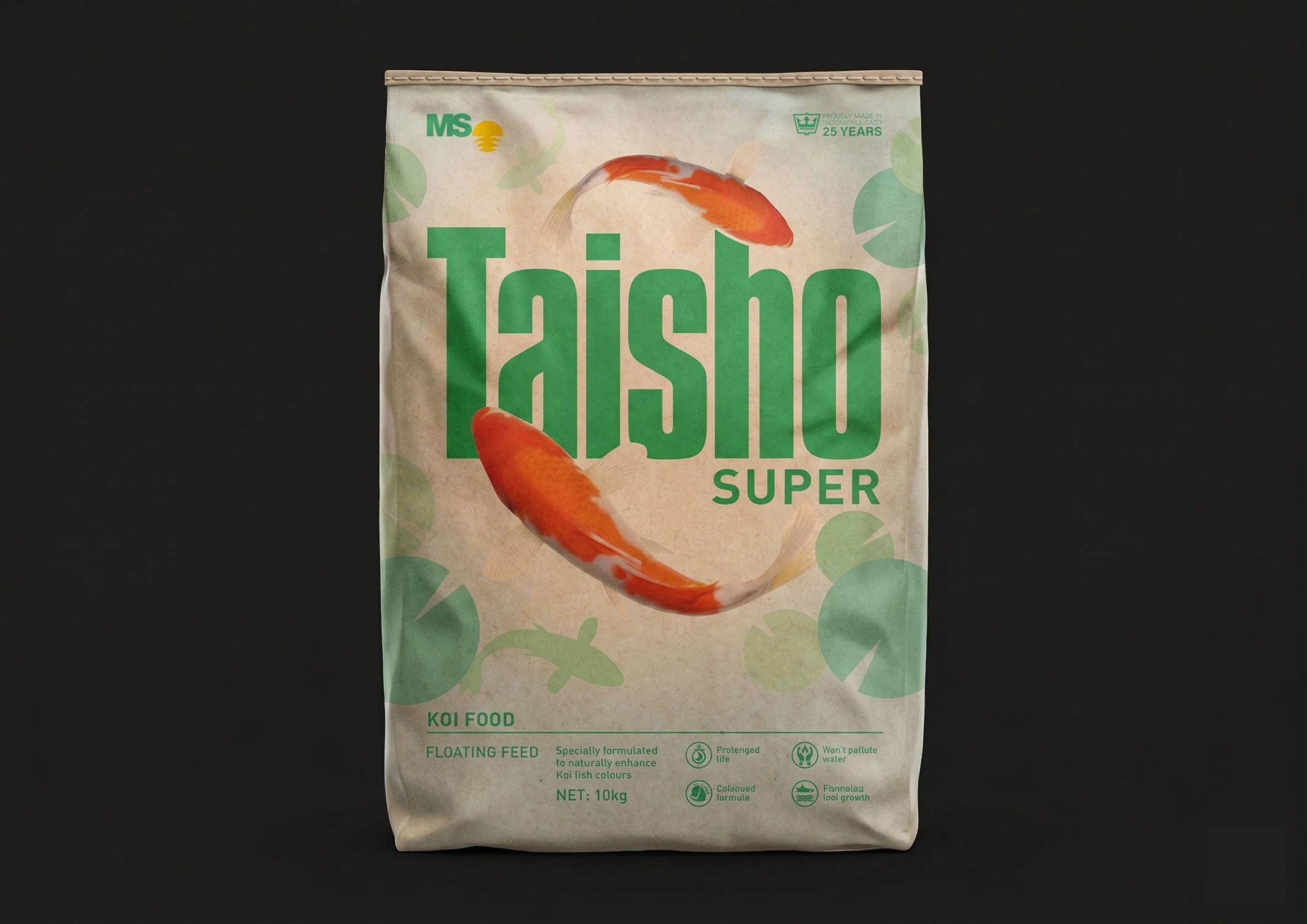 A green Taisho Super premium koi food packaging pouch layout with lily pad graphics