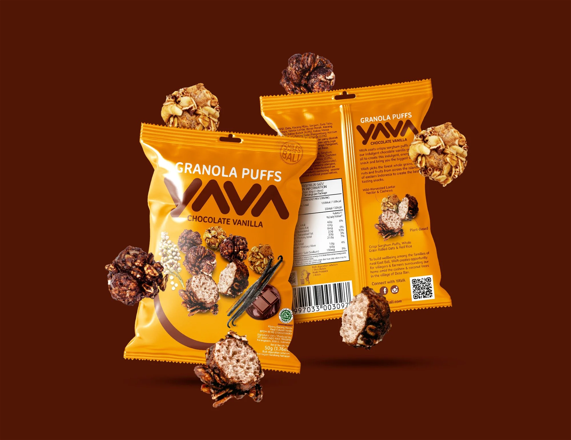 Two packs of yellow YAVA Granola Puffs accompanied by floating cluster ingredients on a brown backdrop