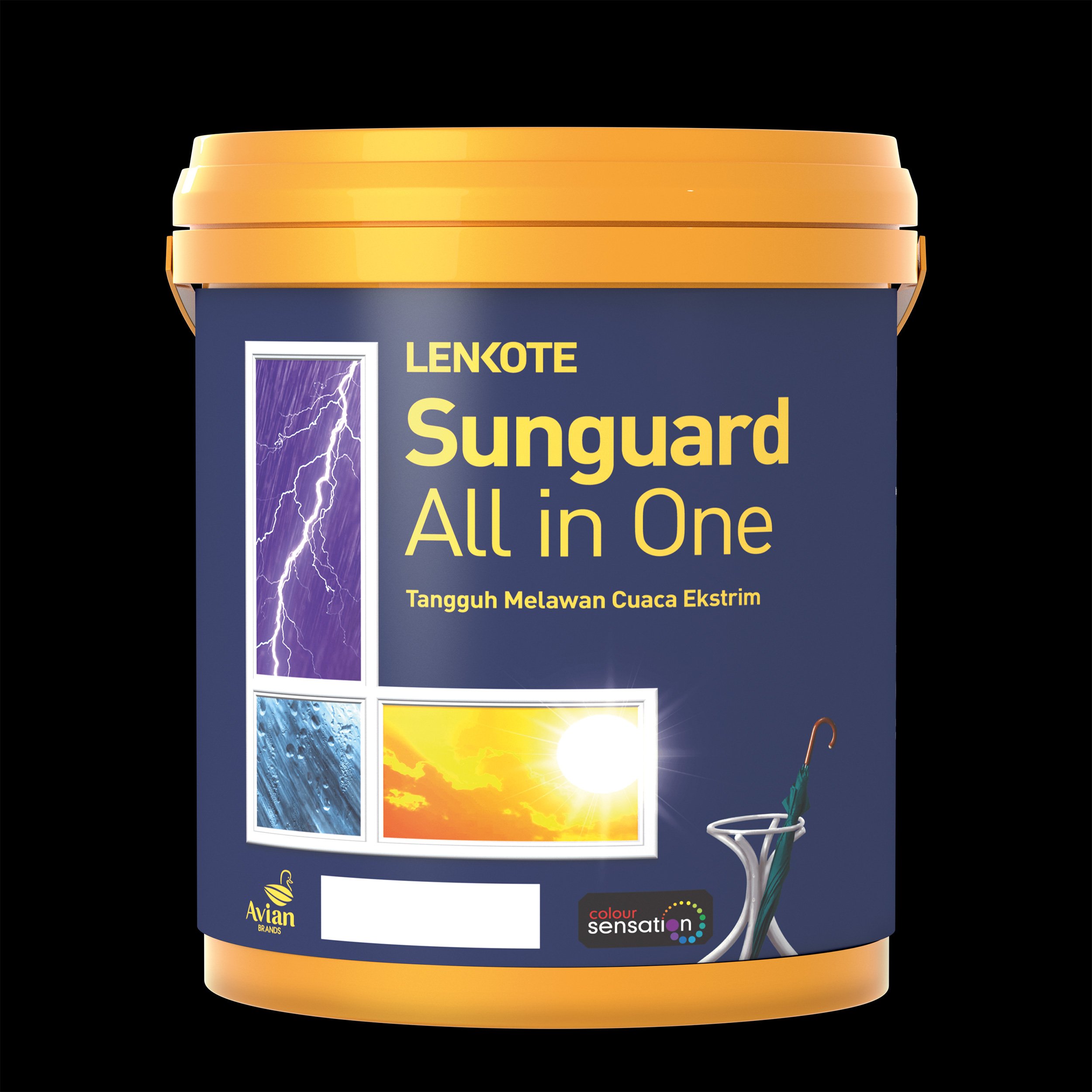 A dark blue Lenkote Sunguard All in One weather-resistant paint container