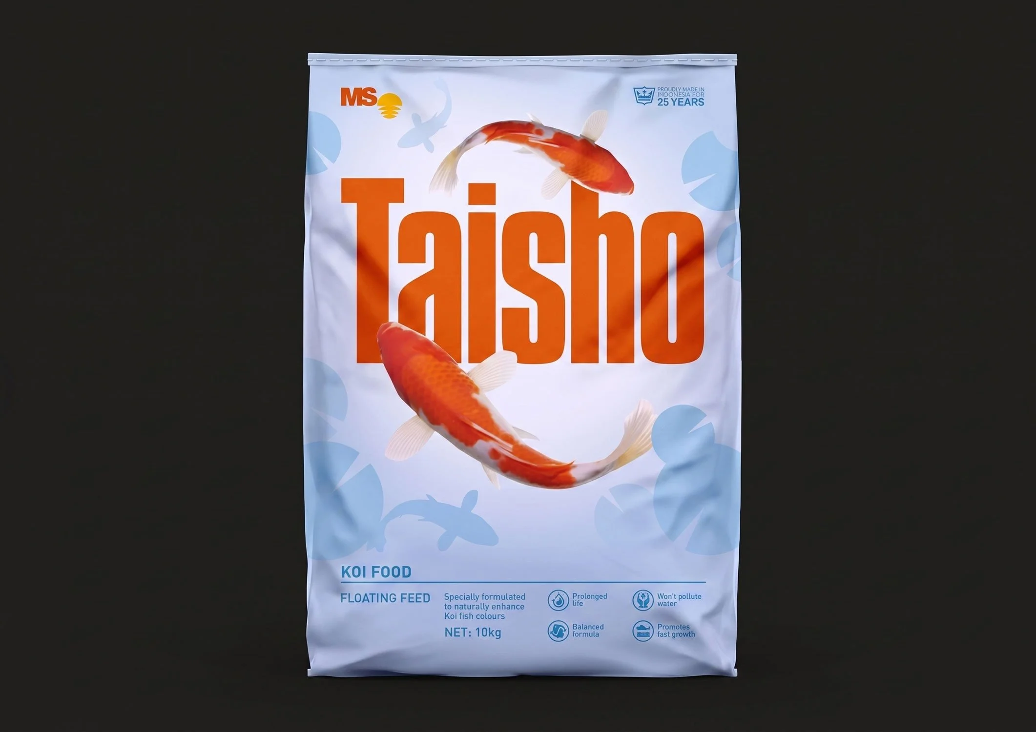 A light blue Taisho koi fish food bag featuring prominent orange typography and a swimming koi graphic layout