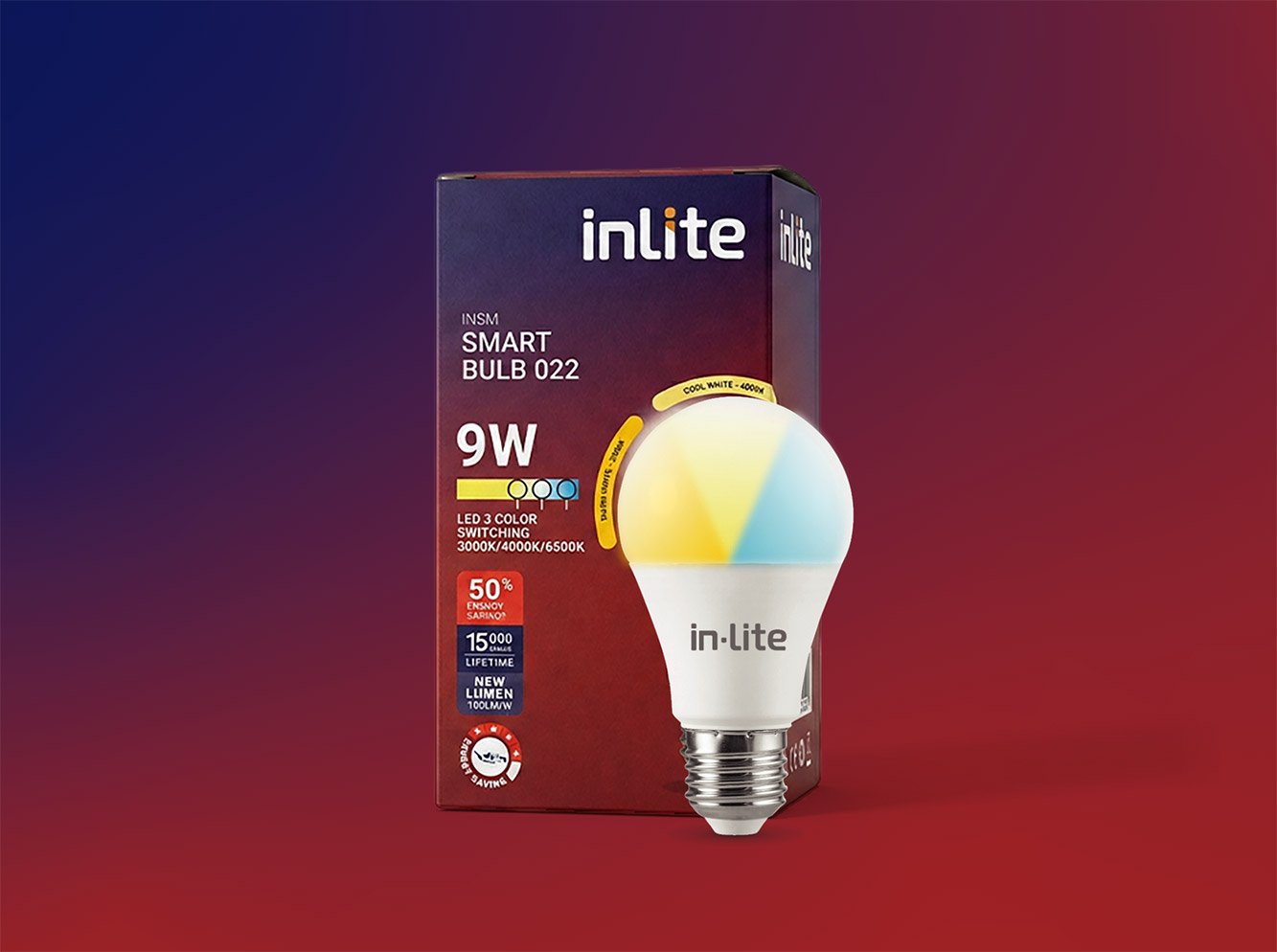 inlite box packaging with light bulb next to it on red background