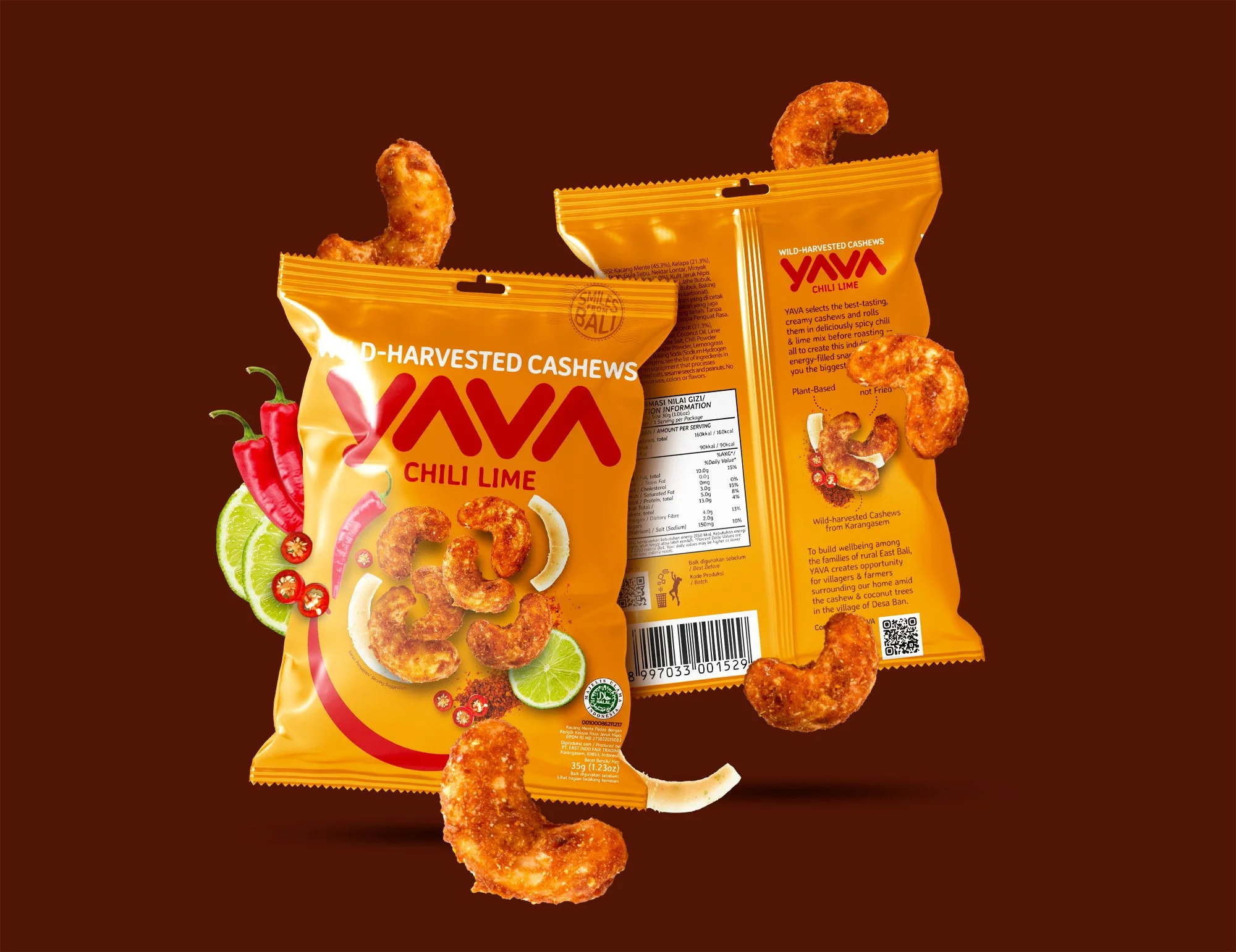 YAVA Chili Lime Cashews vibrant yellow snack bags styled with floating red chili and lime graphics