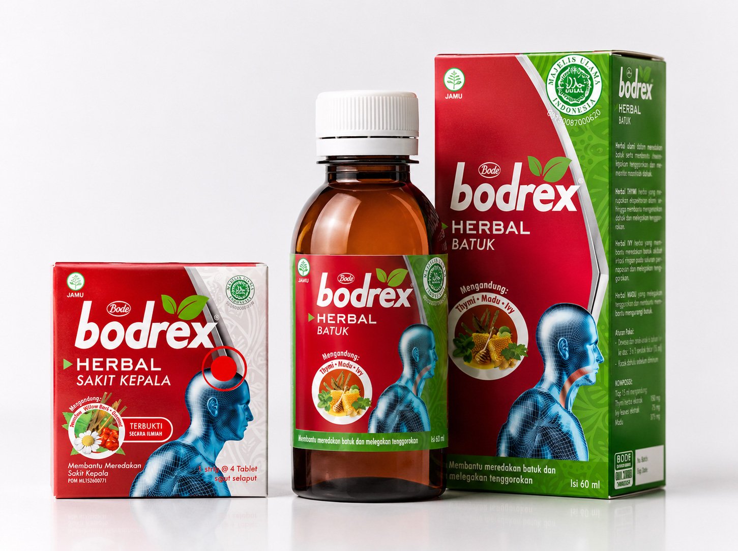The Bodrex Herbal Batuk product family including a cough syrup bottle and outer boxes featuring green medical graphic layouts