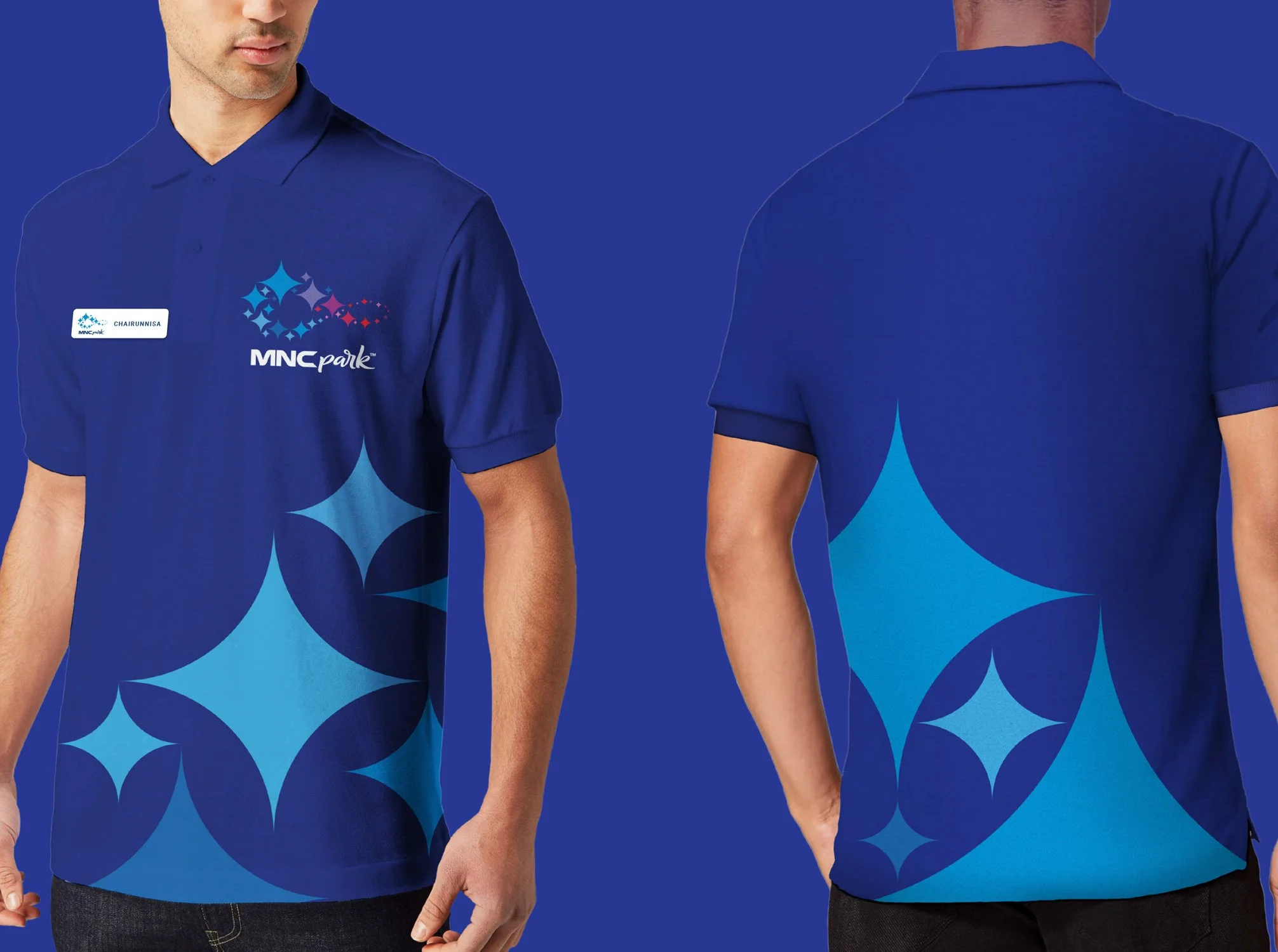 Front and back apparel mockups of blue corporate employee polo uniforms featuring the custom star motif