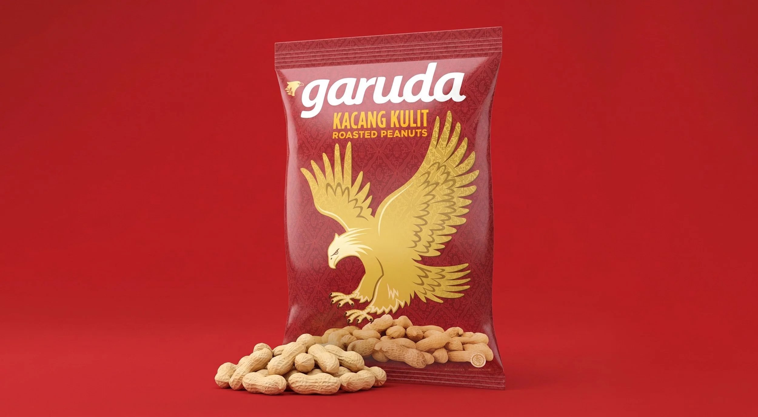 Garuda brand peanut snack packaging — red pack with gold eagle illustration