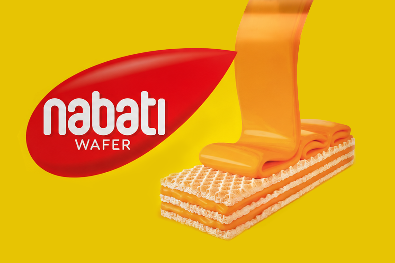 The image shows a yellow background with the Nabati wafer logo on a red oval shape, alongside a wafer with orange caramel filling and drizzle on top.
