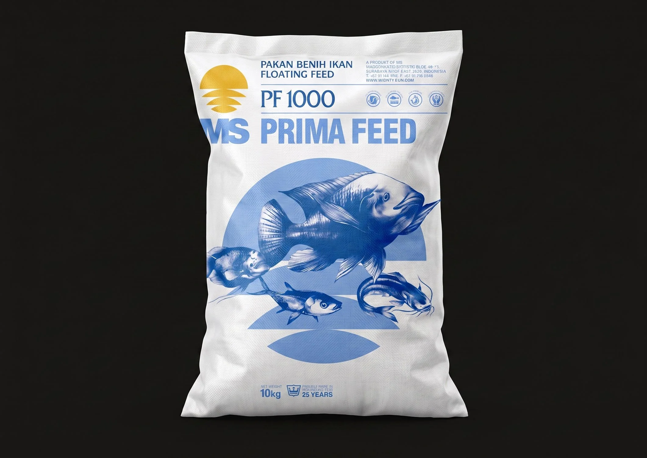 An aquaculture product sack variant for MS Prima Feed PF1000 featuring multiple blue fish graphics