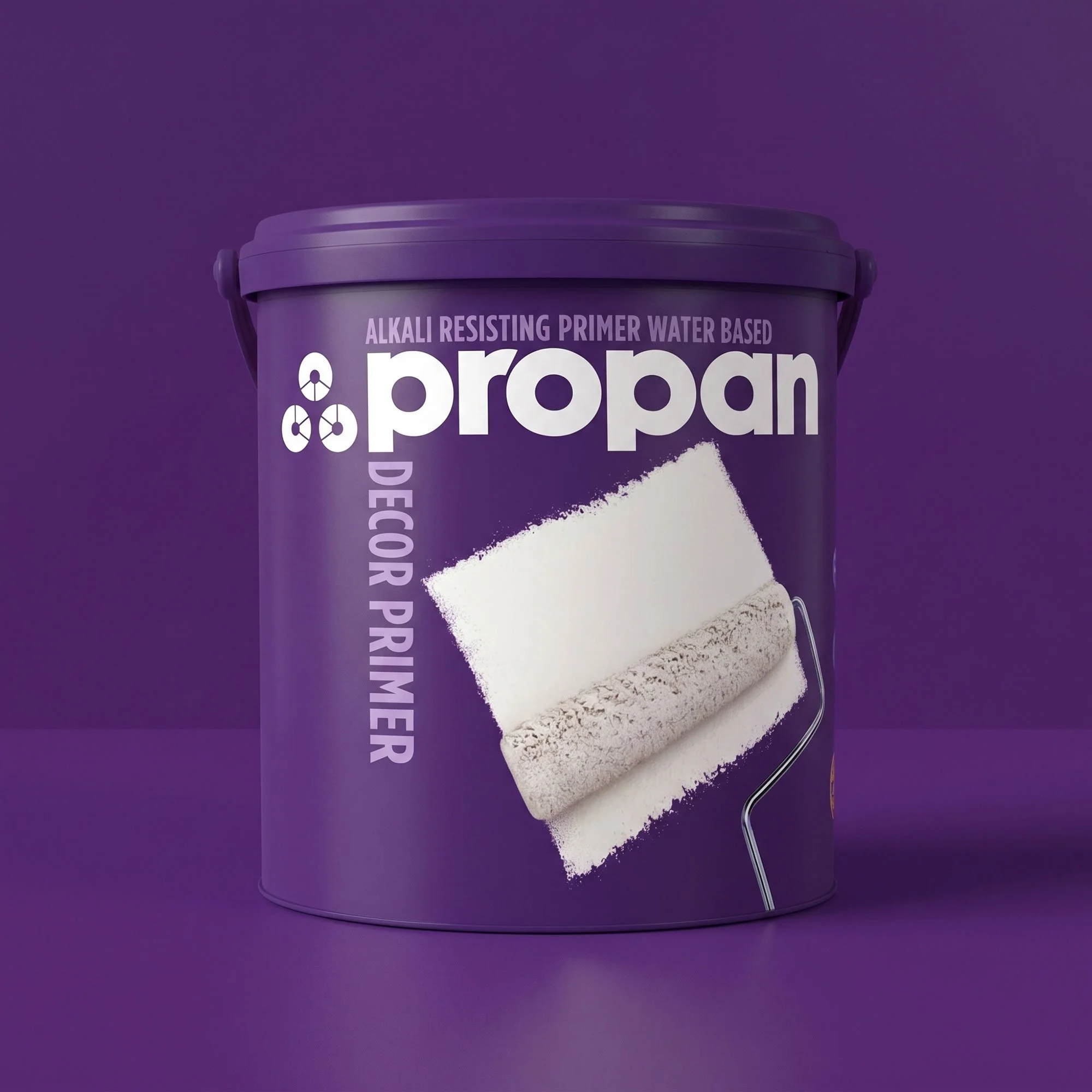 A purple Propan Decor Primer paint can showcasing a white paint roller graphic on a clean purple background