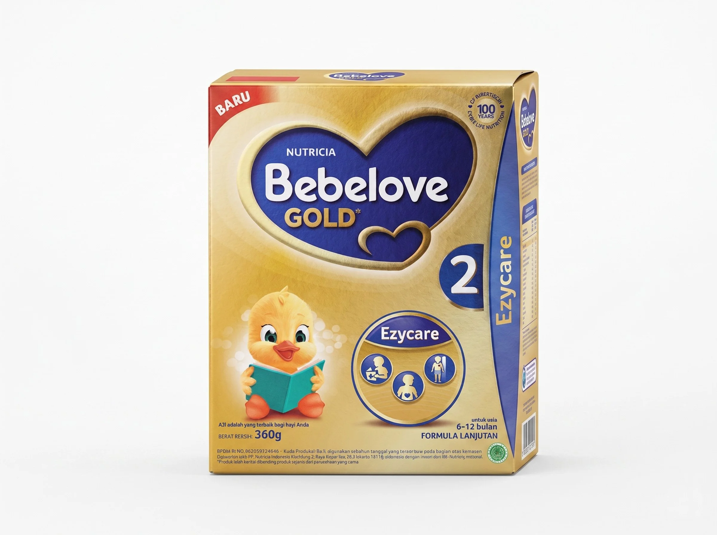 A gold Bebelove Gold 2 infant formula milk box packaging layout featuring a cute cartoon chick mascot character