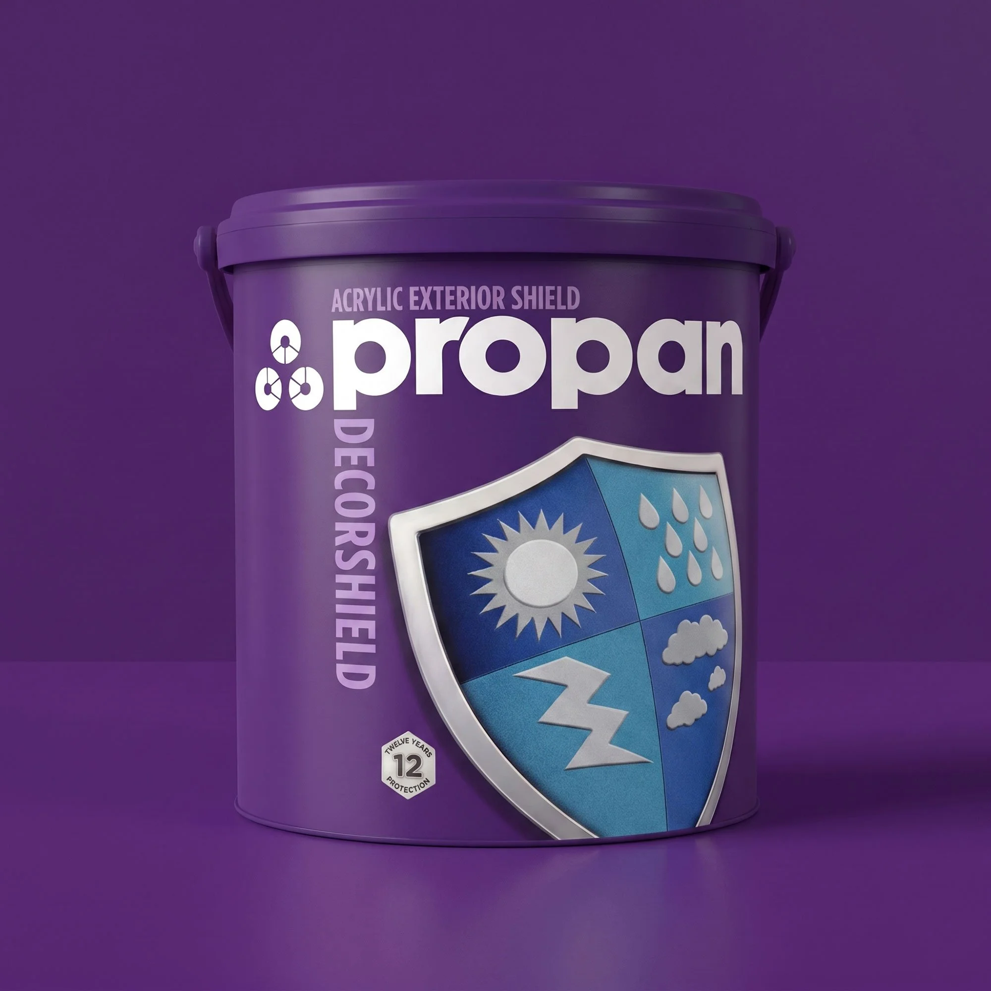 A purple Propan Decorshield paint bucket featuring weather-shield and lightning graphics