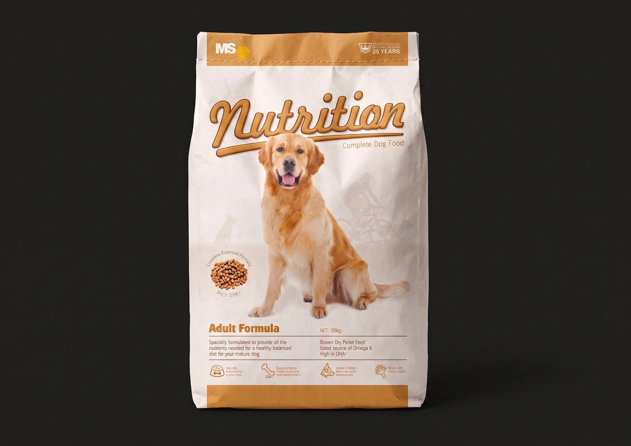An MS Nutrition gold and white adult dog food packaging pouch showing a mature retriever dog graphic