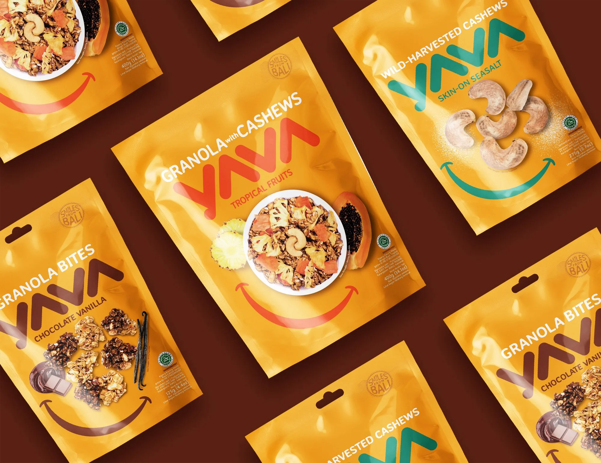 A dynamic flat-lay grid pattern of tilted yellow YAVA granola snack pouches