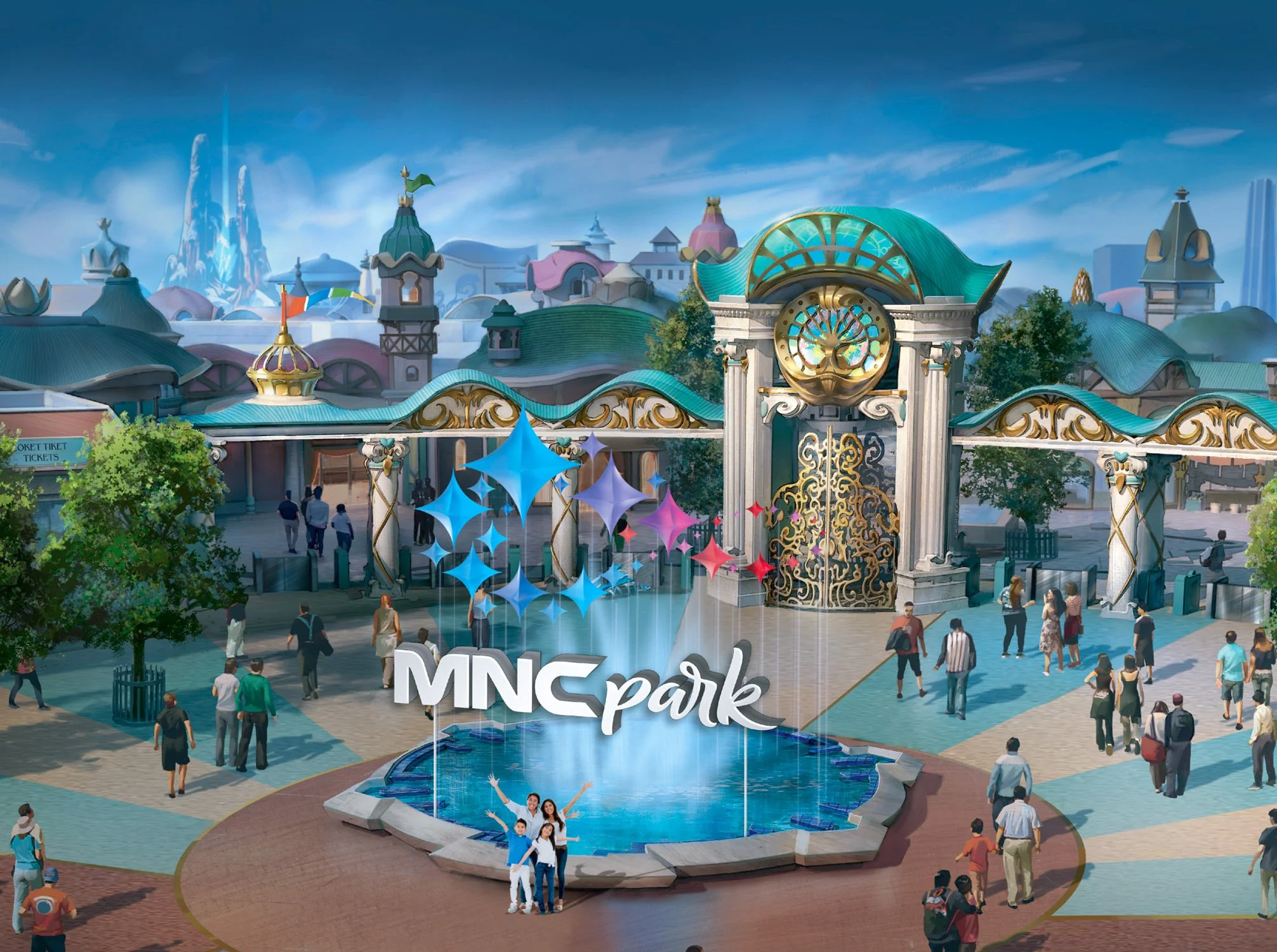 A conceptual illustration of the theme park central castle hub and gathering square populated with visitors
