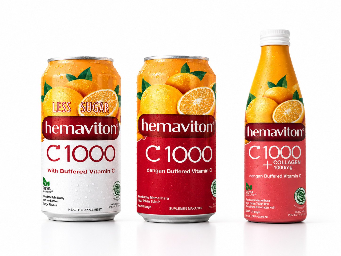 A clean product presentation of Hemaviton C1000 featuring a sleek bottle and aluminum cans on a white surface
