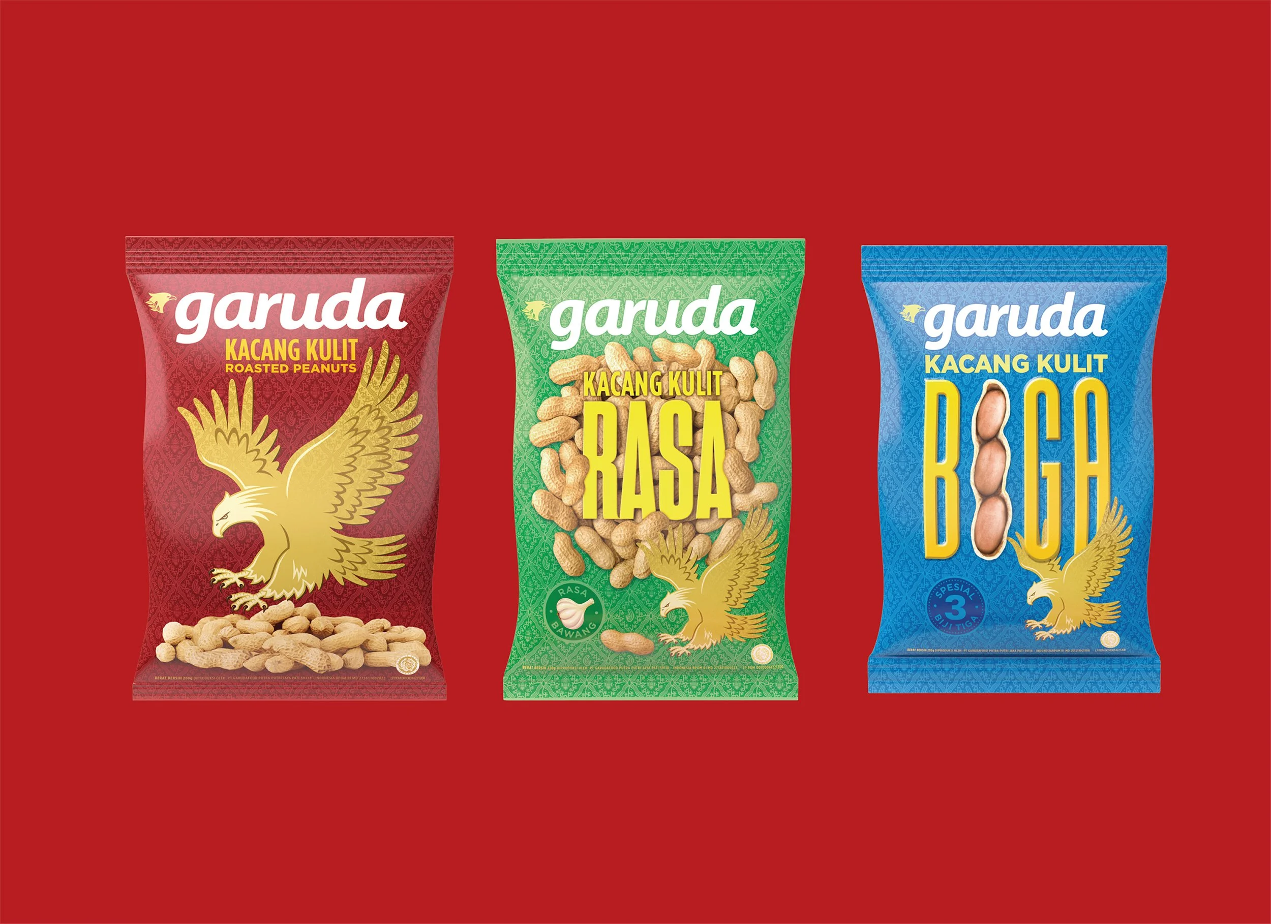 Garuda snack packaging — three flavor variants in red, green, and blue