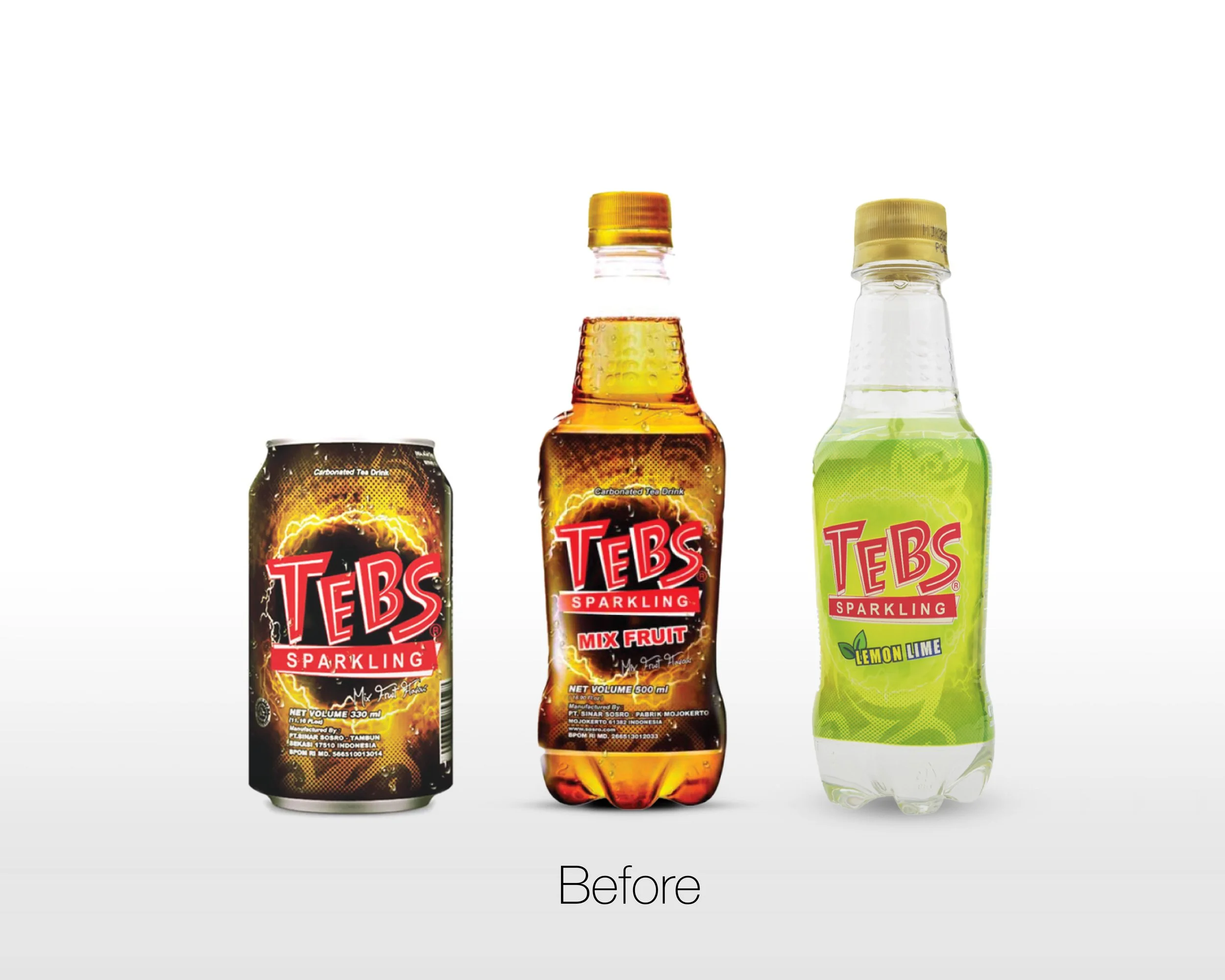 The old TEBS product packaging lineup including the legacy black can and textured bottles in a 'before' case study visual