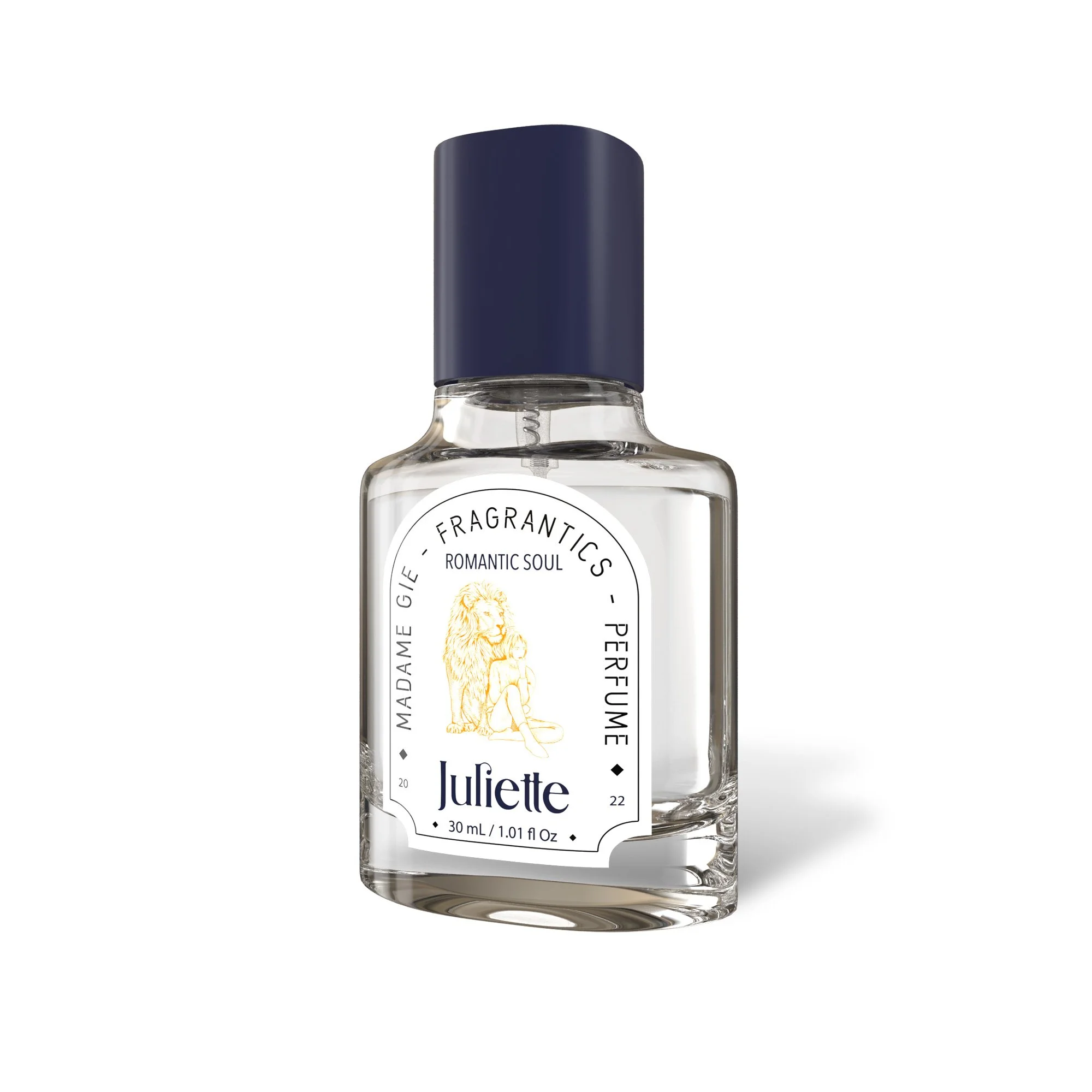A standalone product mockup of Madame Gie 'Juliette' fragrance displaying a yellow vintage crest illustration