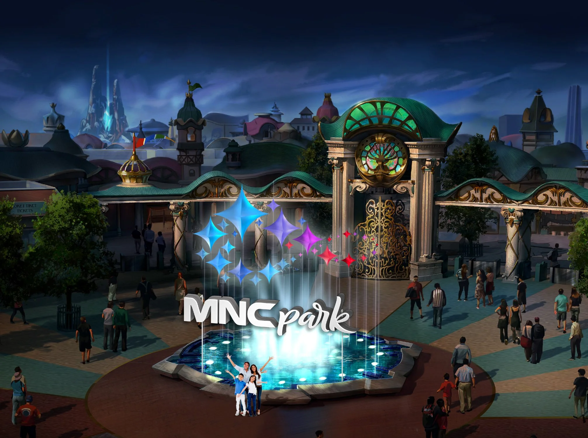 An architectural rendering of the main entrance plaza fountain at MNC Park under atmospheric lighting