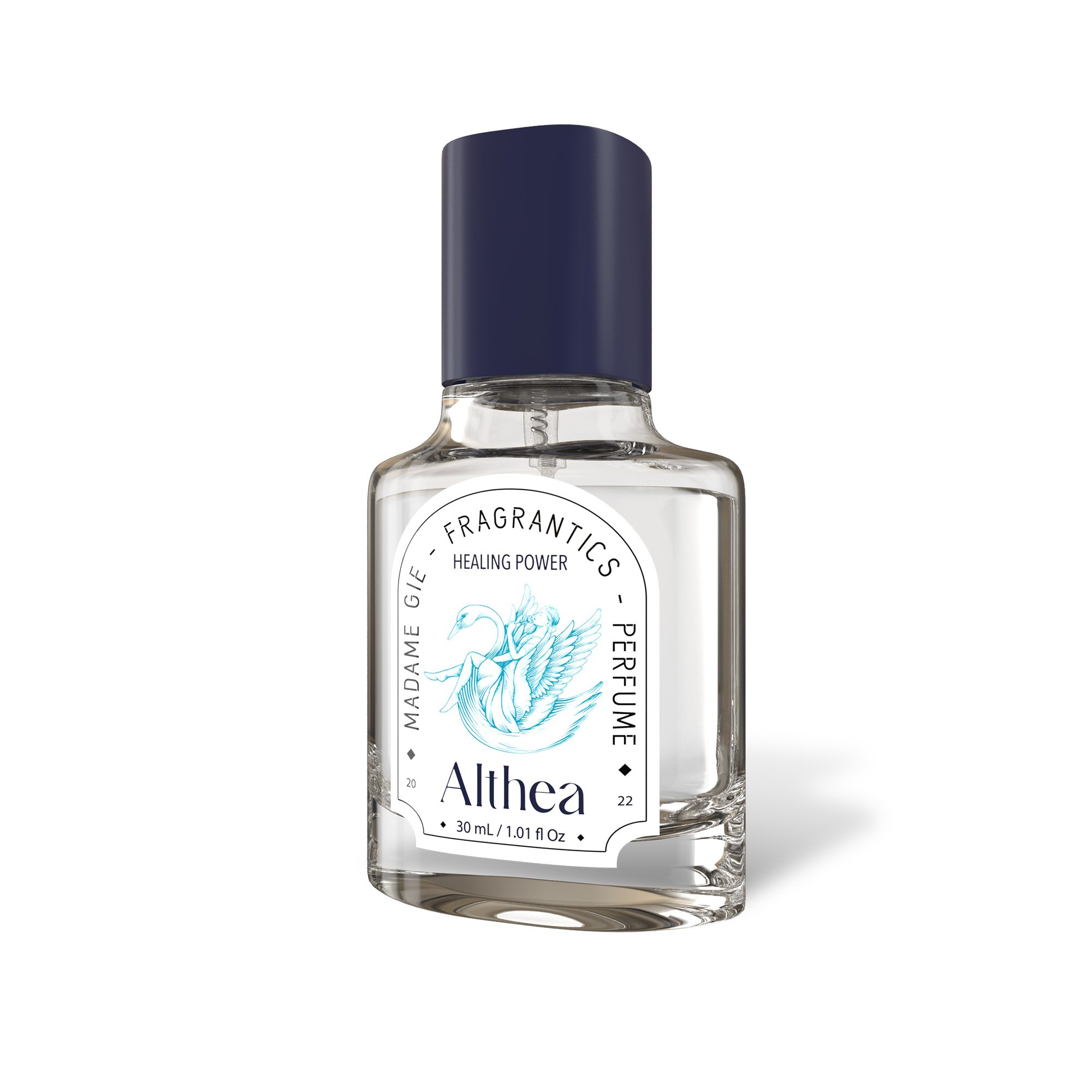 A standalone product mockup of Madame Gie 'Althea' perfume in a glass bottle with a navy blue cap