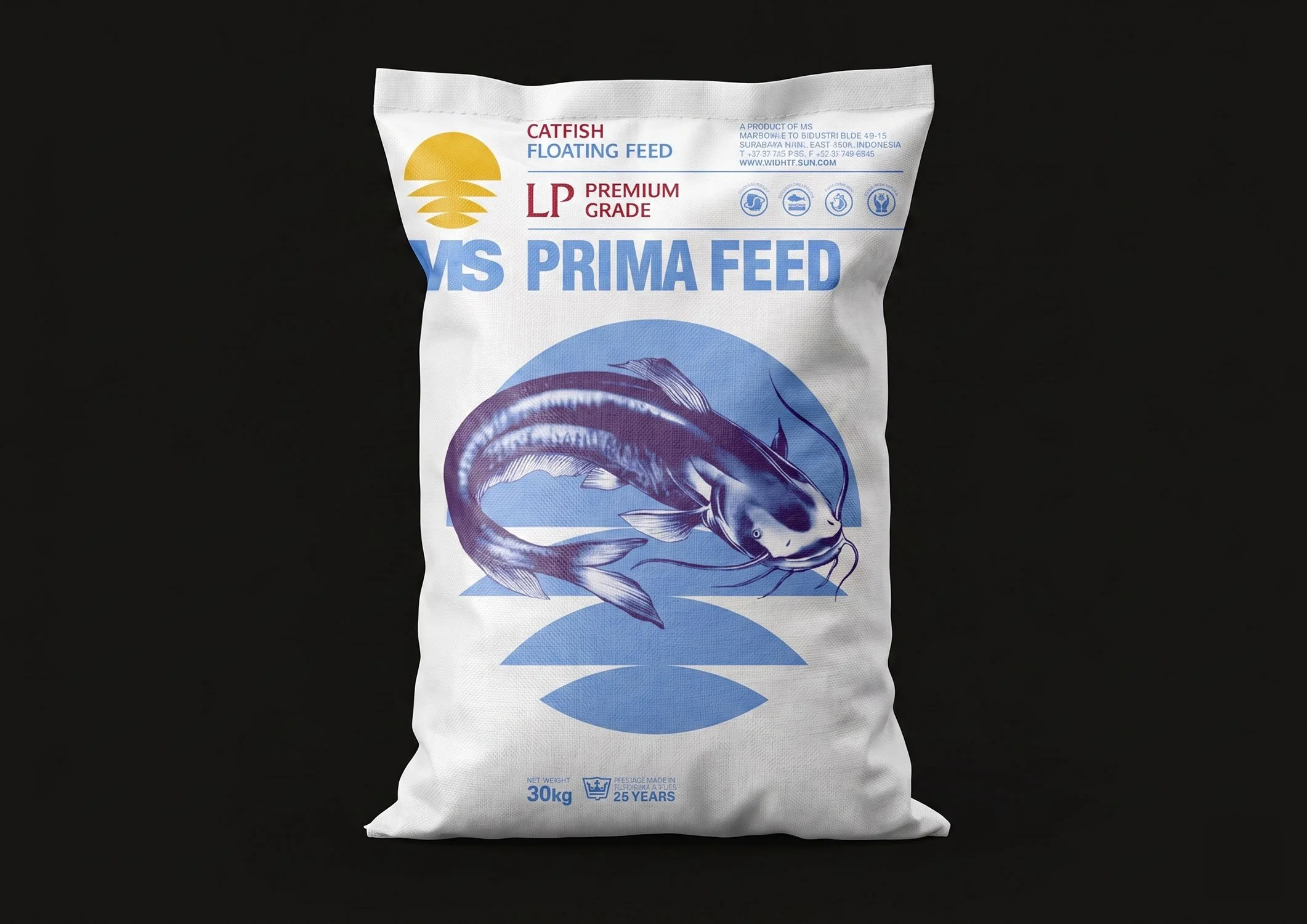 A white MS Prima Feed industrial sack featuring a detailed blue fish illustration
