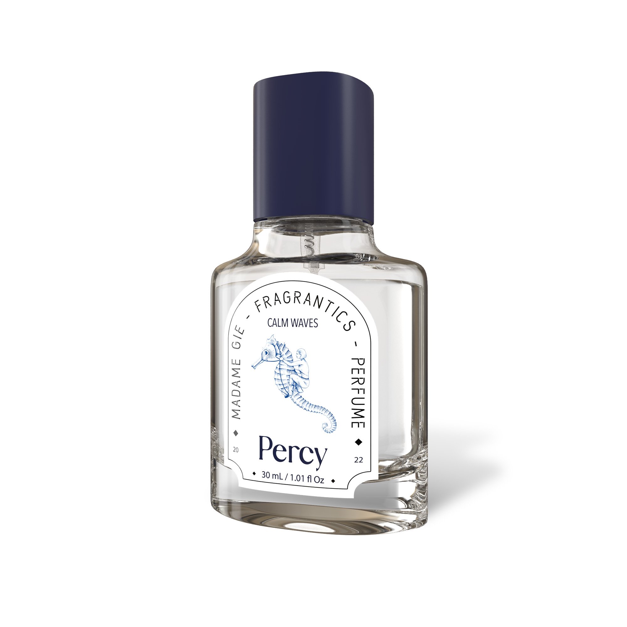 A standalone product mockup of Madame Gie 'Percy' fragrance with its distinctive sea creature label emblem