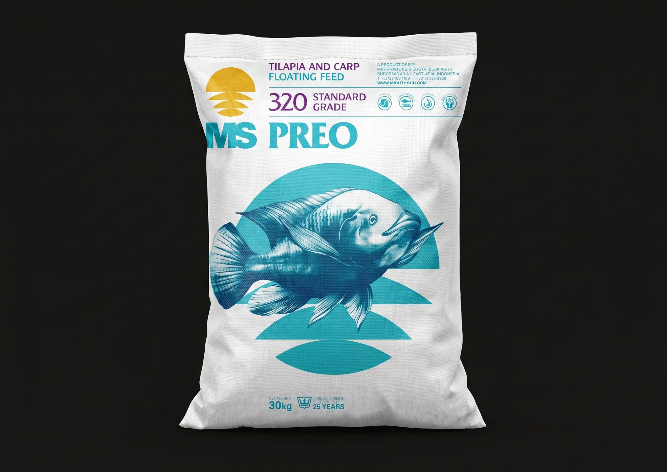 A white MS Preo industrial aquaculture feed packaging bag showing a detailed green fish print