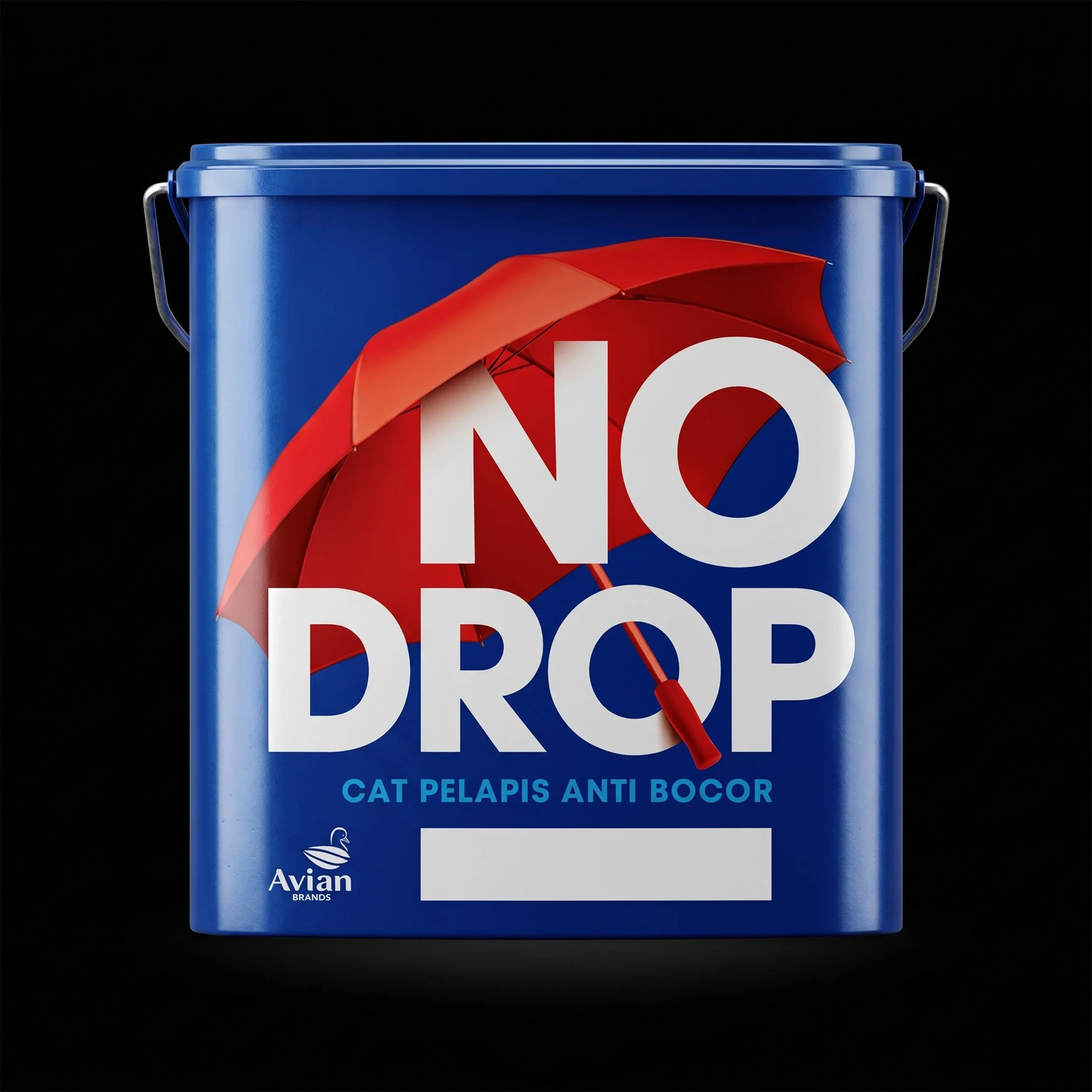 A blue Avian No Drop waterproof paint bucket featuring bold white lettering and a red umbrella graphic