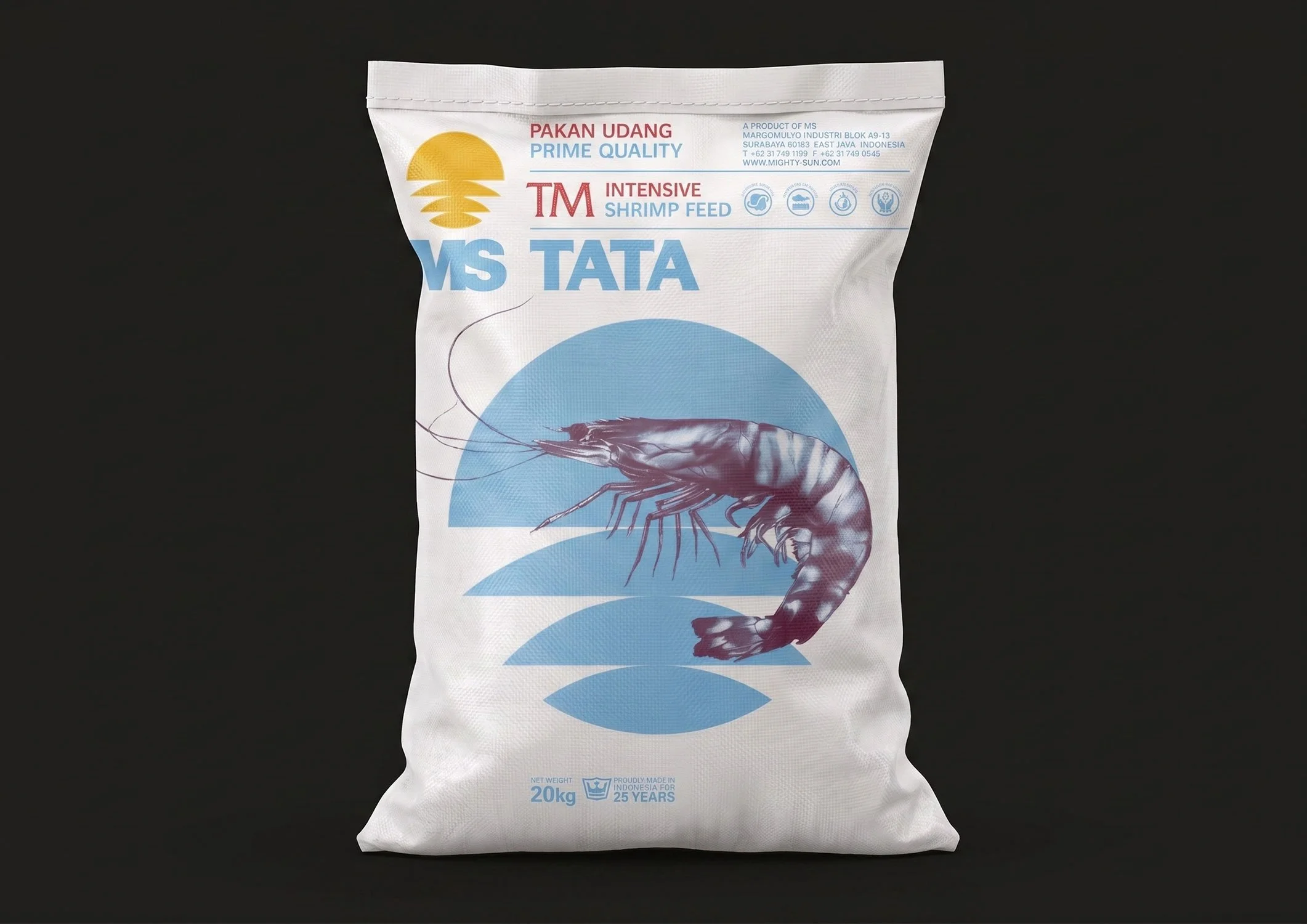 An MS Tata aquaculture feed sack displaying a prominent blue shrimp illustration