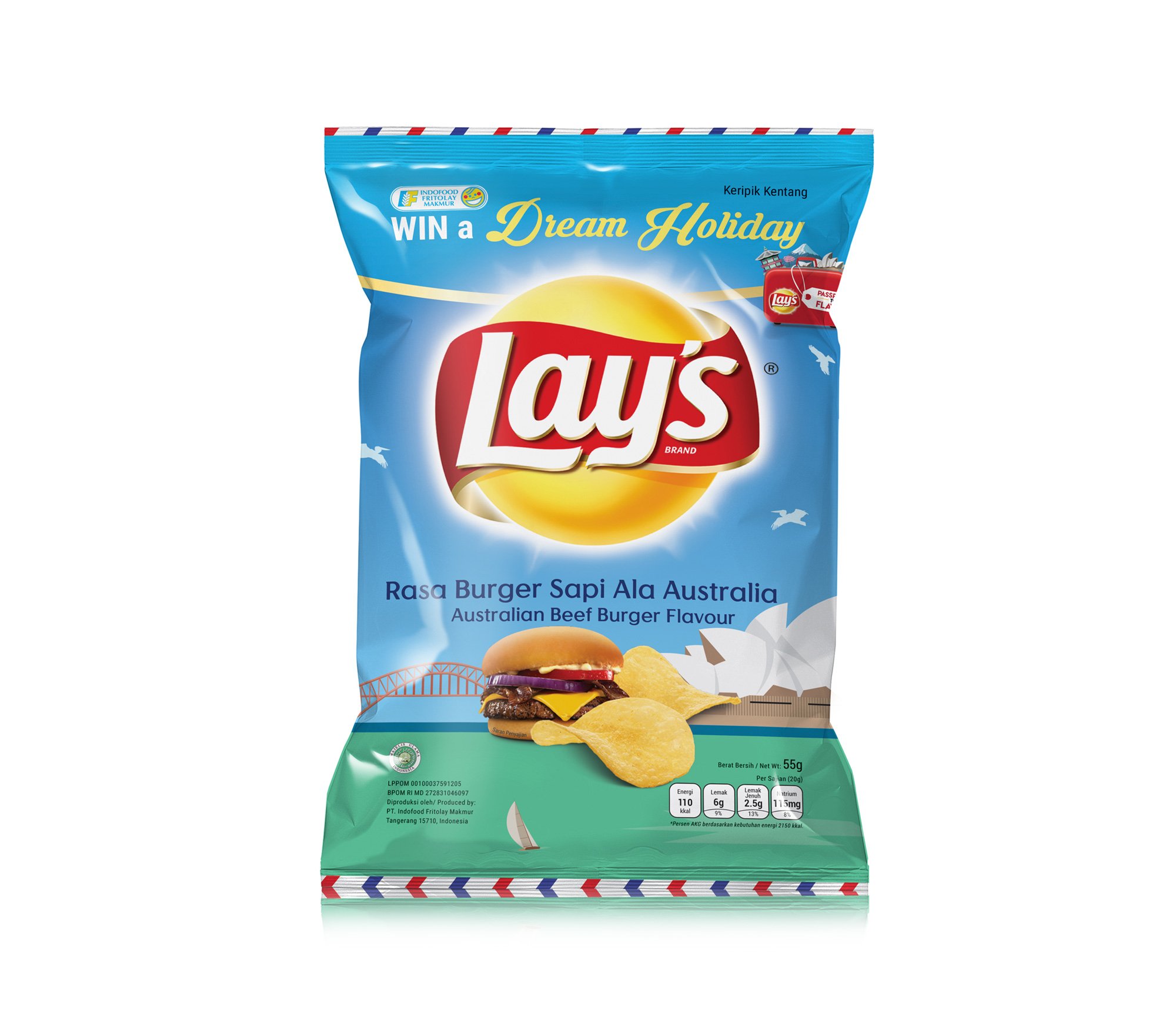 A light blue Lay's potato chip wrapper design showcasing a prominent cheeseburger and garlic illustration