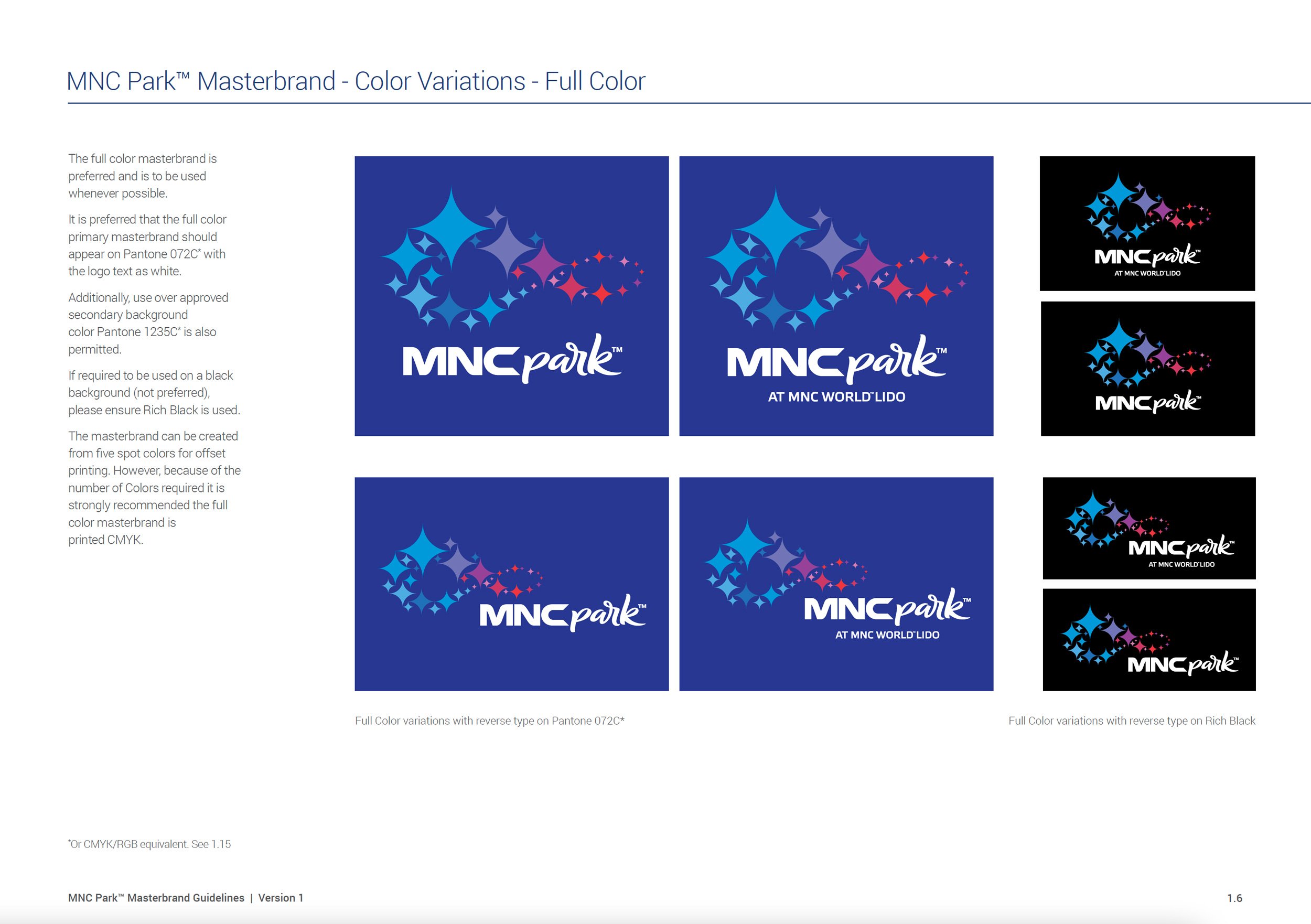 A technical brand design specification sheet mapping out various color versions of the MNC Park logo