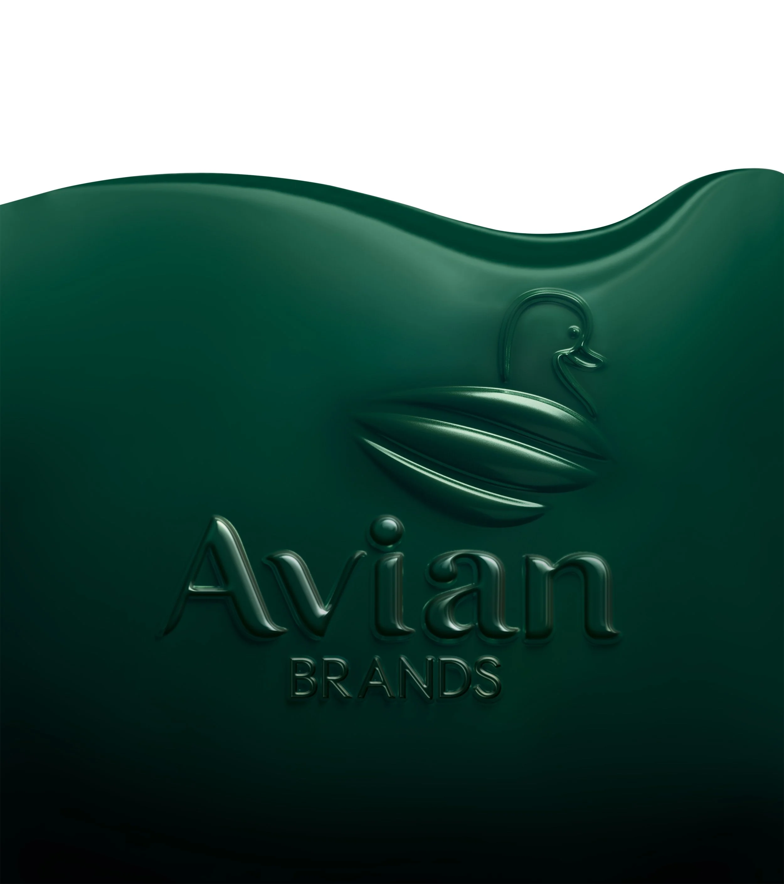 An embossed Avian Brands bird logo on a luxurious dark green texture