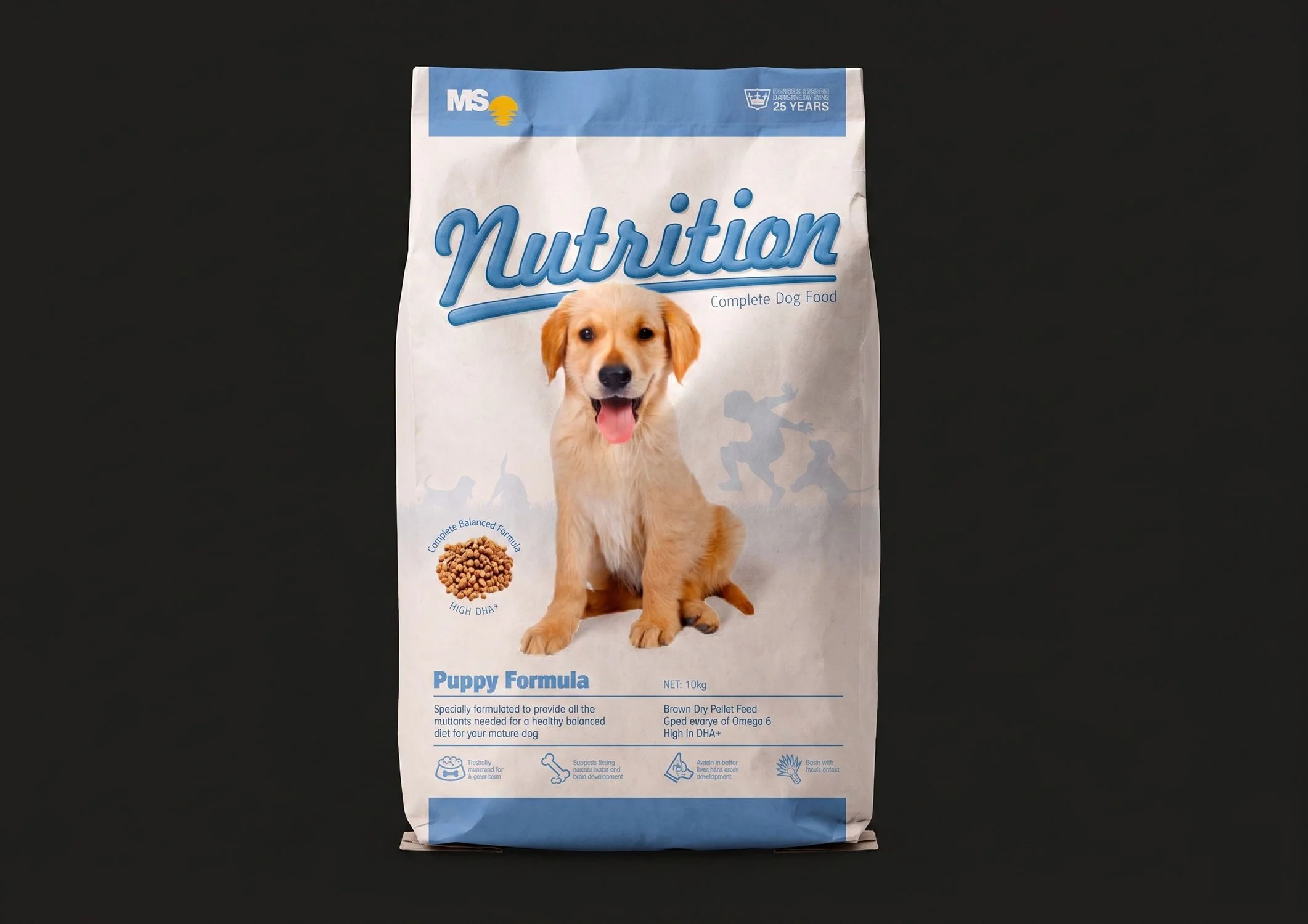 An MS Nutrition blue and white puppy food stand-up bag packaging design featuring an adorable golden puppy illustration