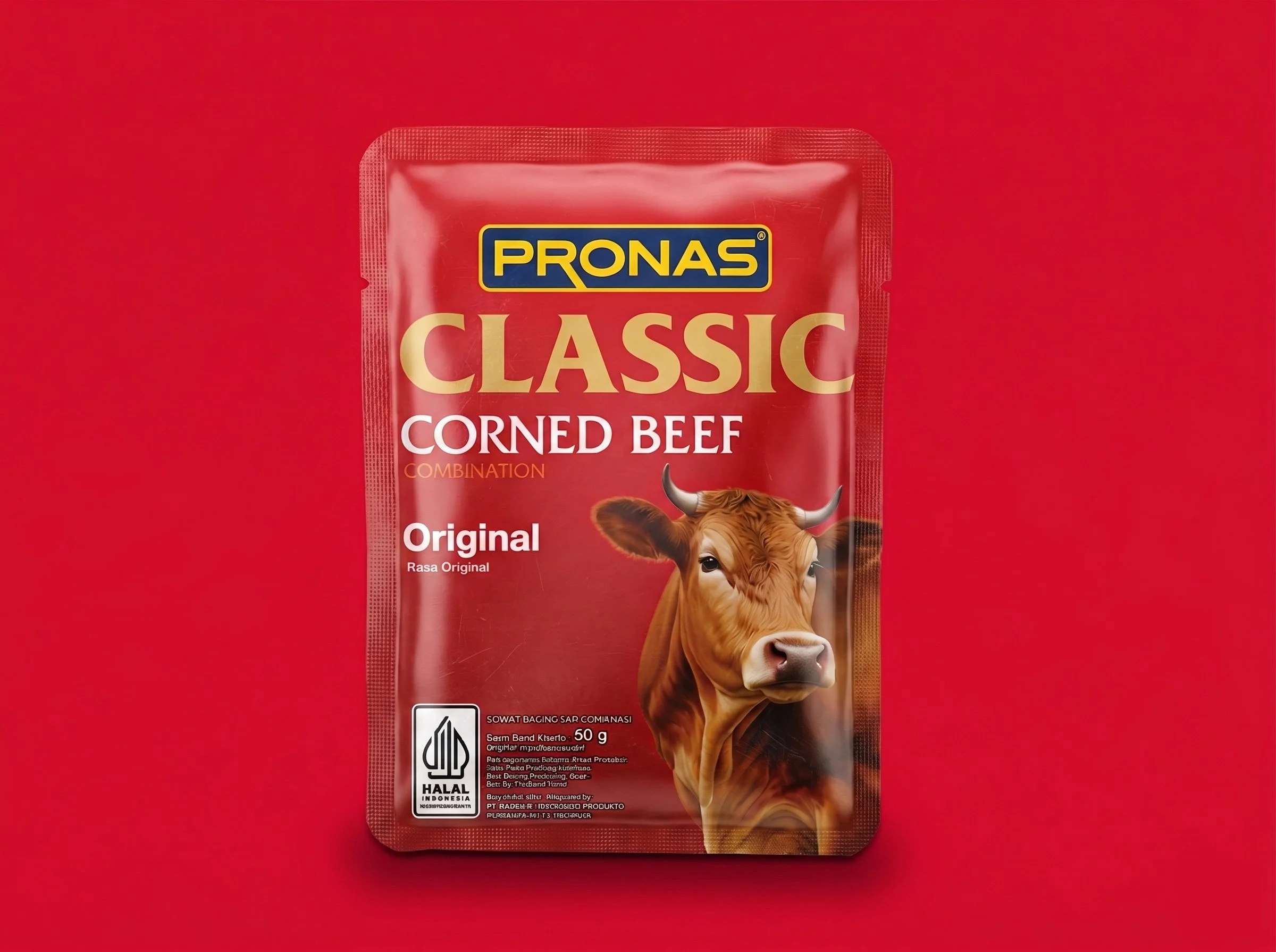 A PRONAS Classic Corned Beef Original sachet pouch design layout on a red background