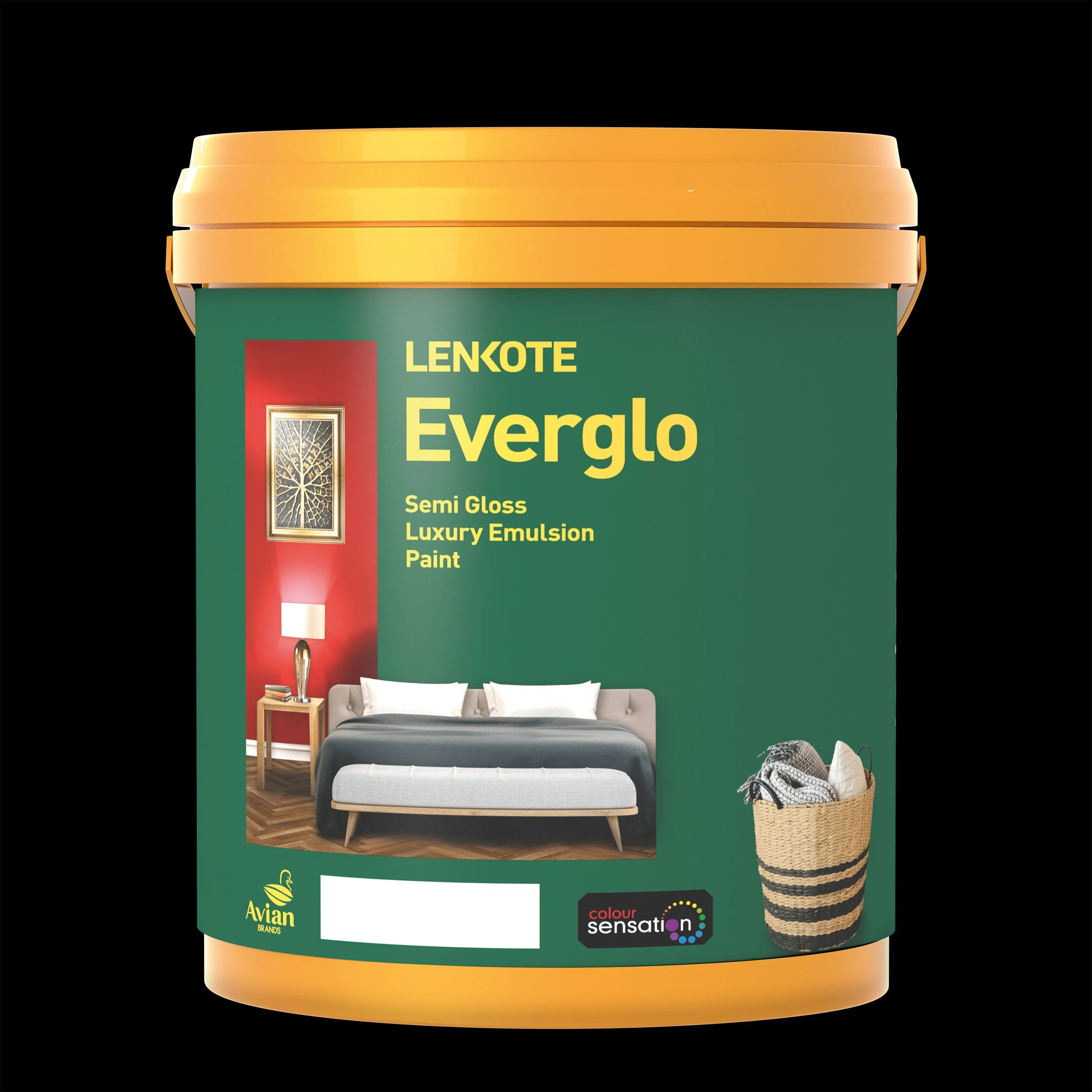 A green Lenkote Everglo semi-gloss wall paint container featuring a modern bedroom interior graphic layout