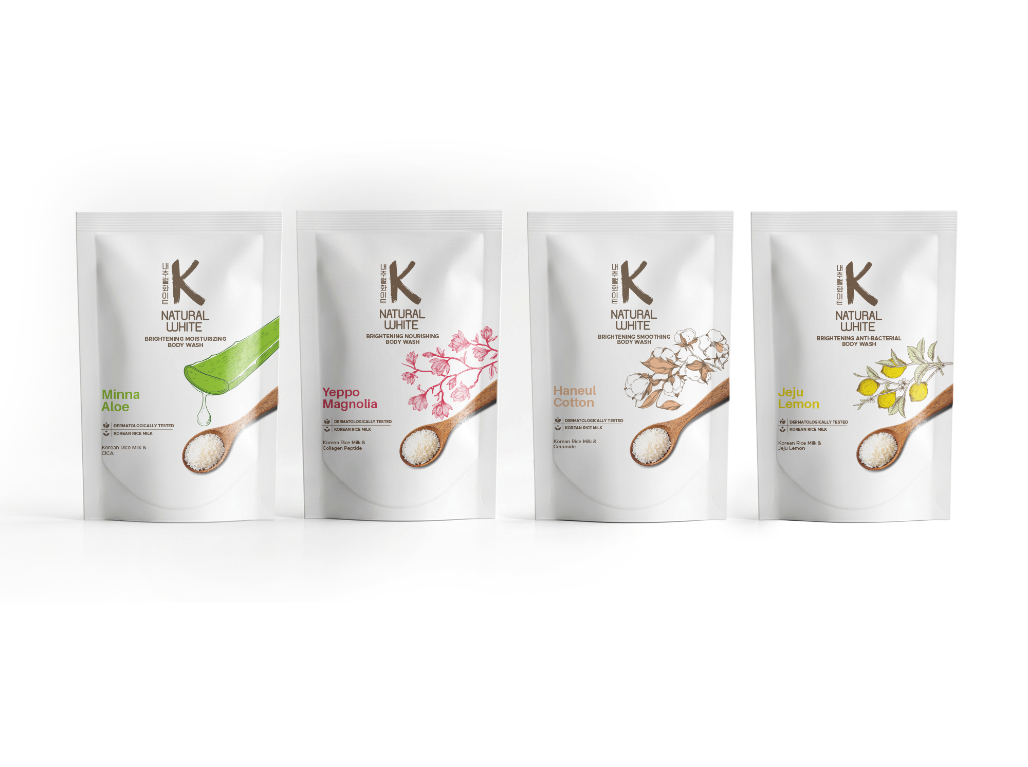 A sleek product family lineup showing all four redesigned body scrub variants arranged side by side