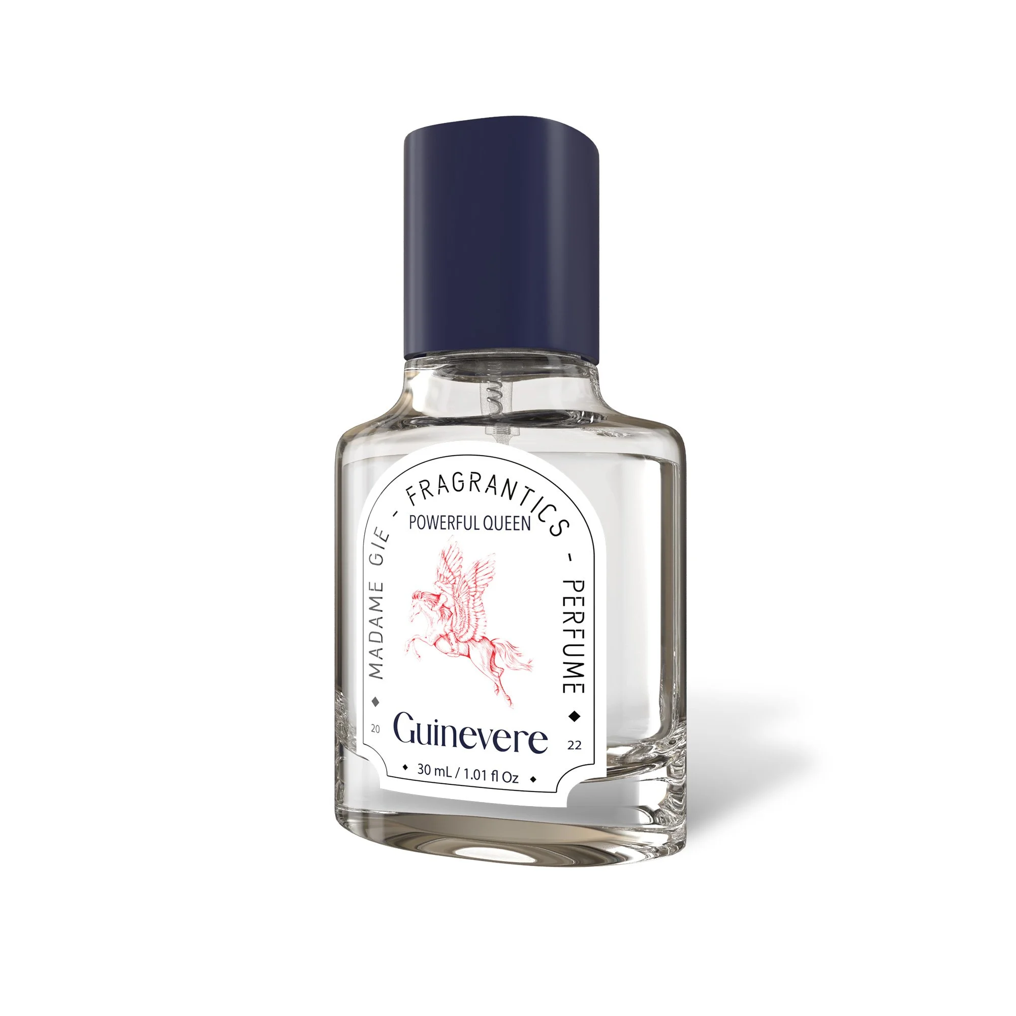 A standalone product mockup of Madame Gie 'Guinevere' perfume featuring a pink mythical illustration layout