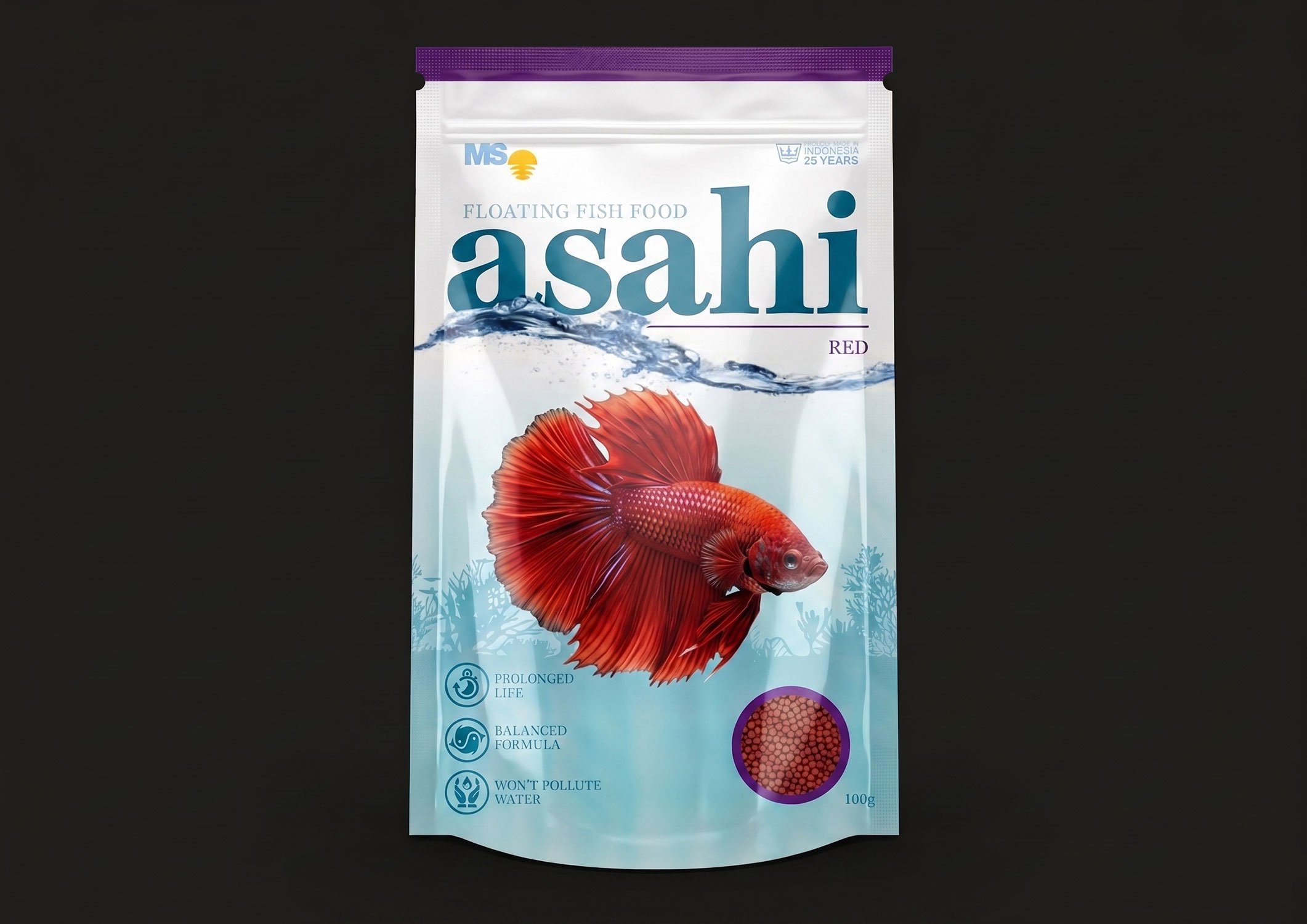 A premium white and purple Asahi ornamental fish feed stand-up pouch displaying a striking red betta fish illustration