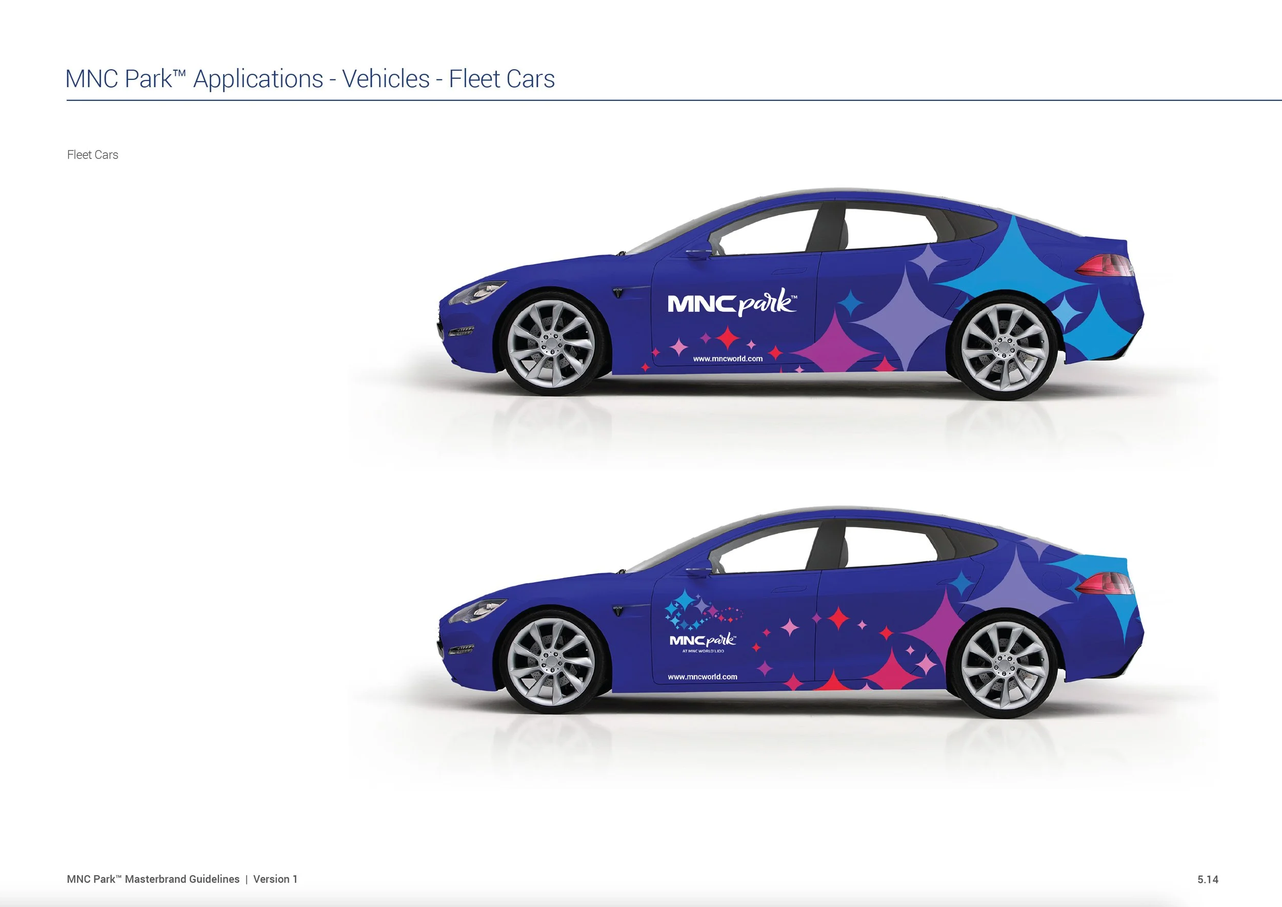 Side-angle automotive graphic mockups showing a blue and purple pattern vehicle wrap on a modern sedan