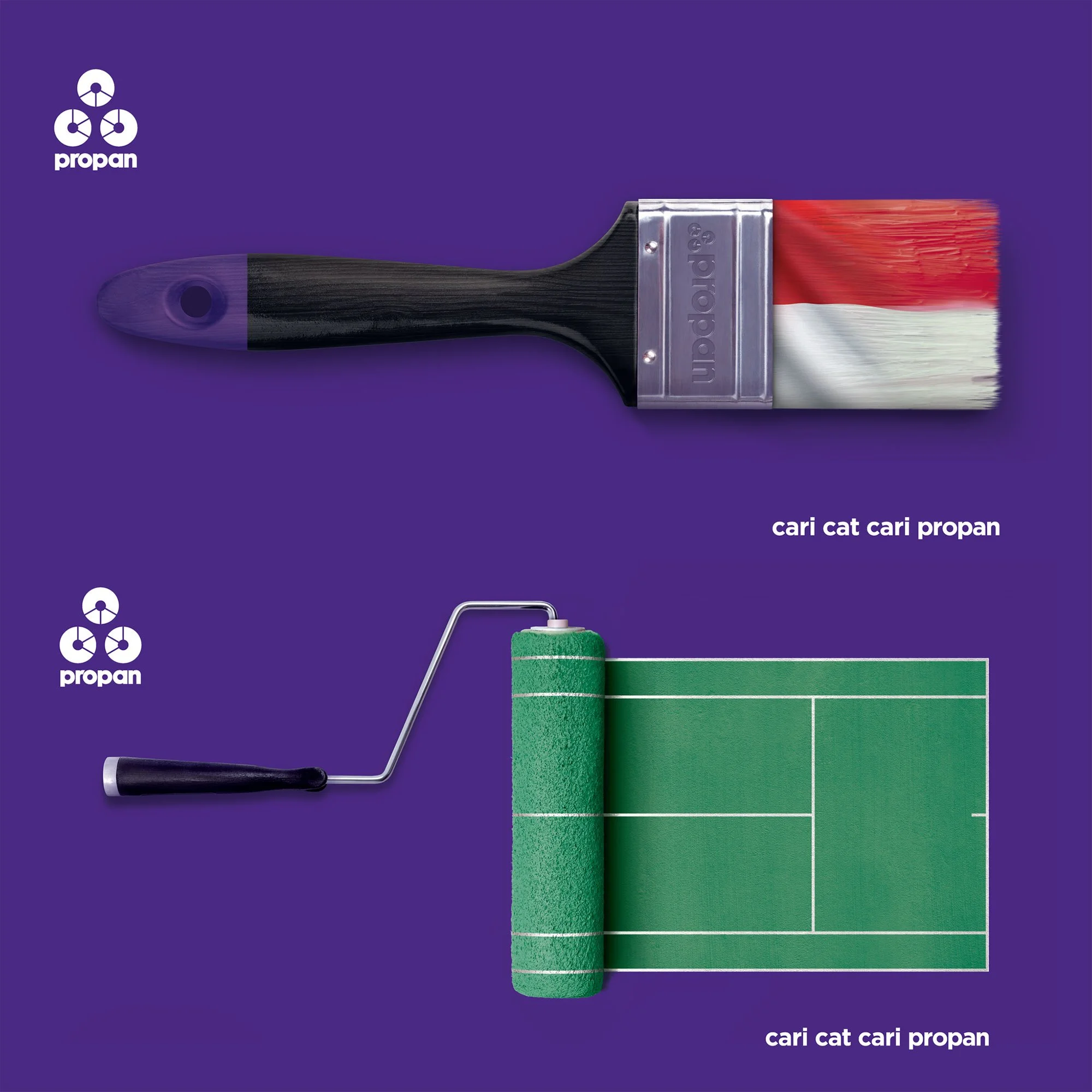 Print advertisement of Propan paintbrush with an Indonesian flag handle alongside a green tennis court roller graphic