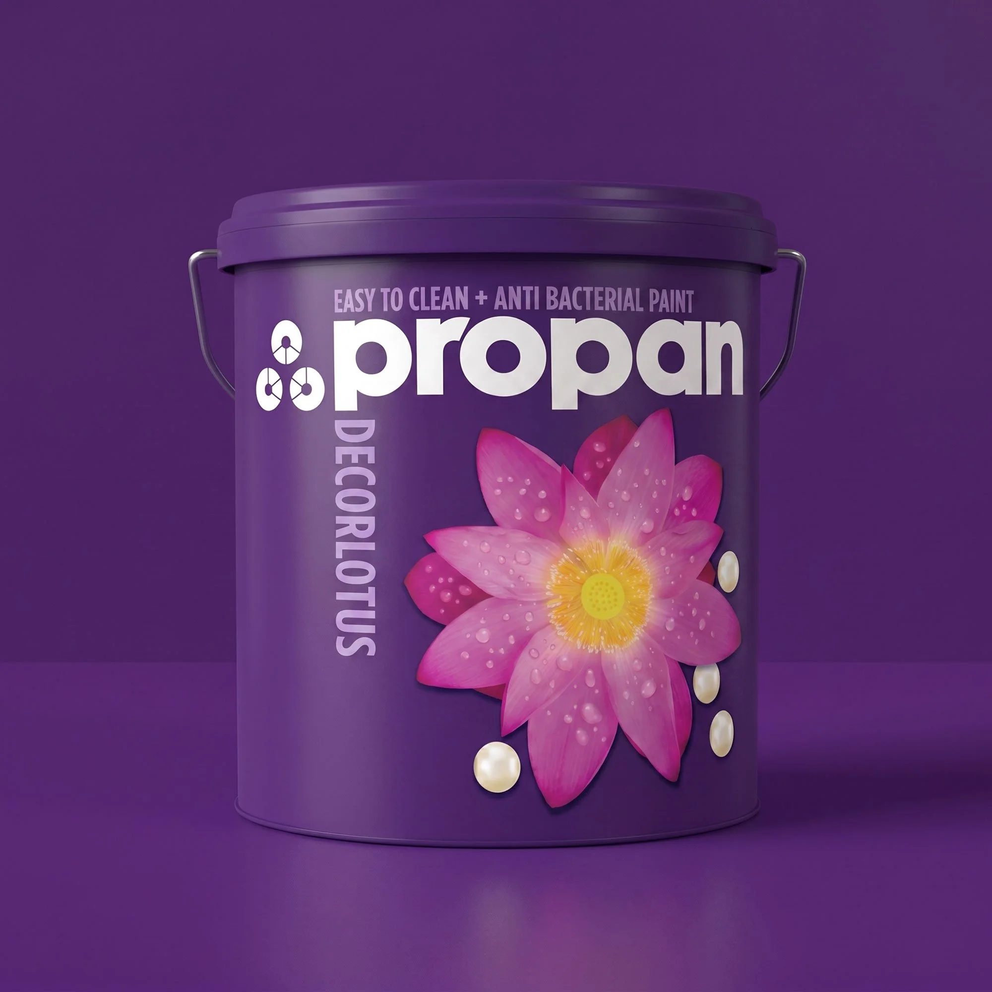 A purple Propan Decorlotus paint container featuring a pink lotus flower design
